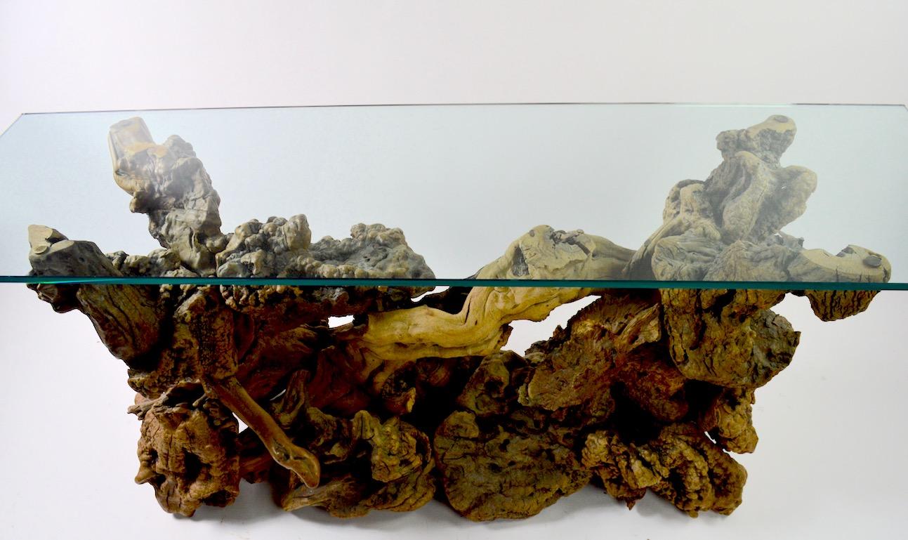 Root Burl Glass Top Console Table For Sale 3