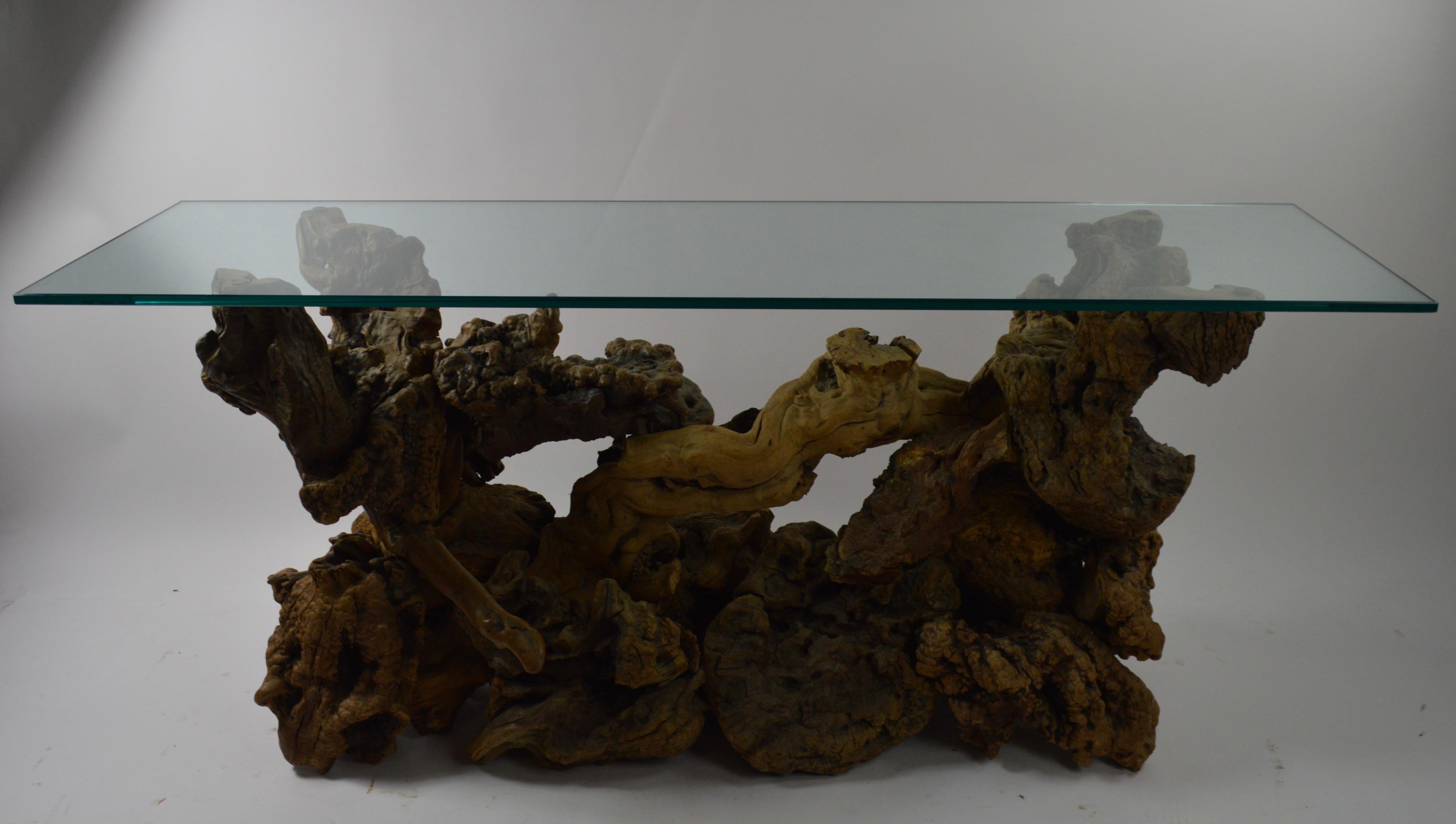 20th Century Root Burl Glass Top Console Table For Sale
