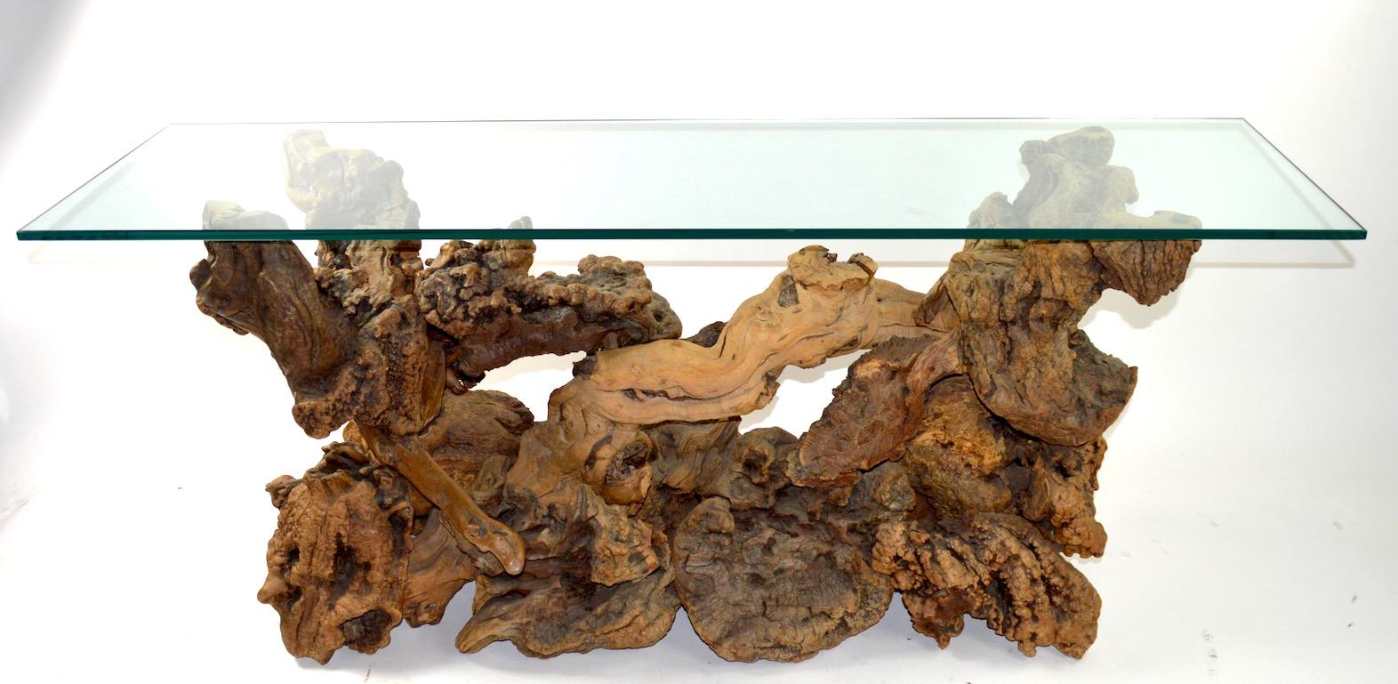 Root Burl Glass Top Console Table For Sale 1