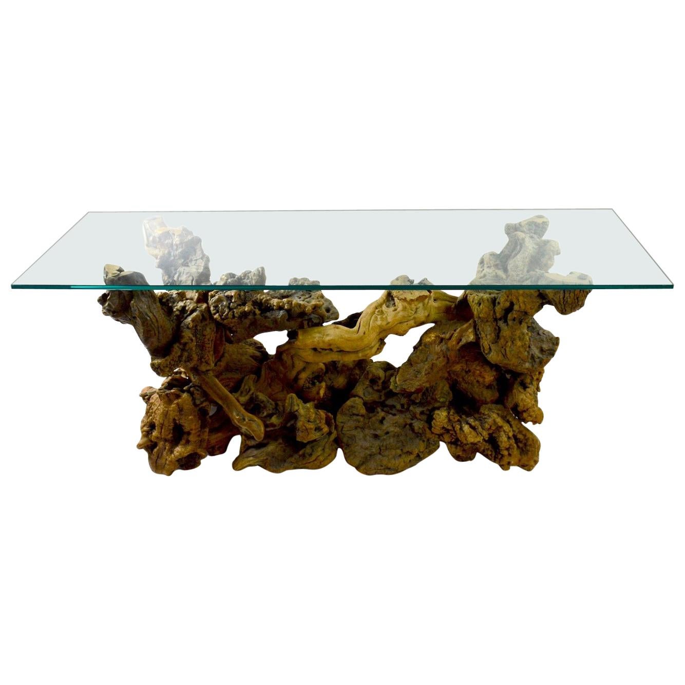Root Burl Glass Top Console Table