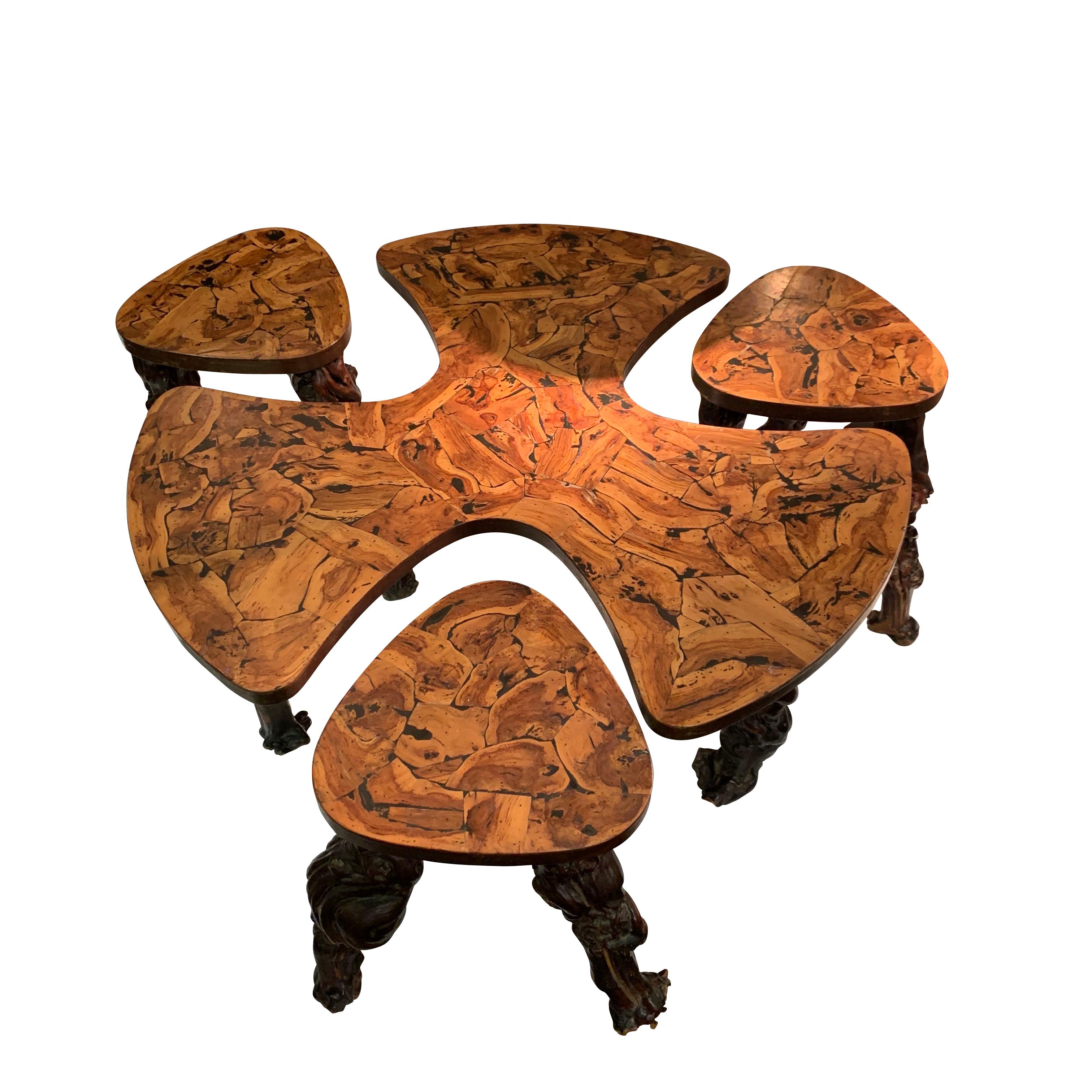 French Root Coffee Table and Stools, France, 20th Century