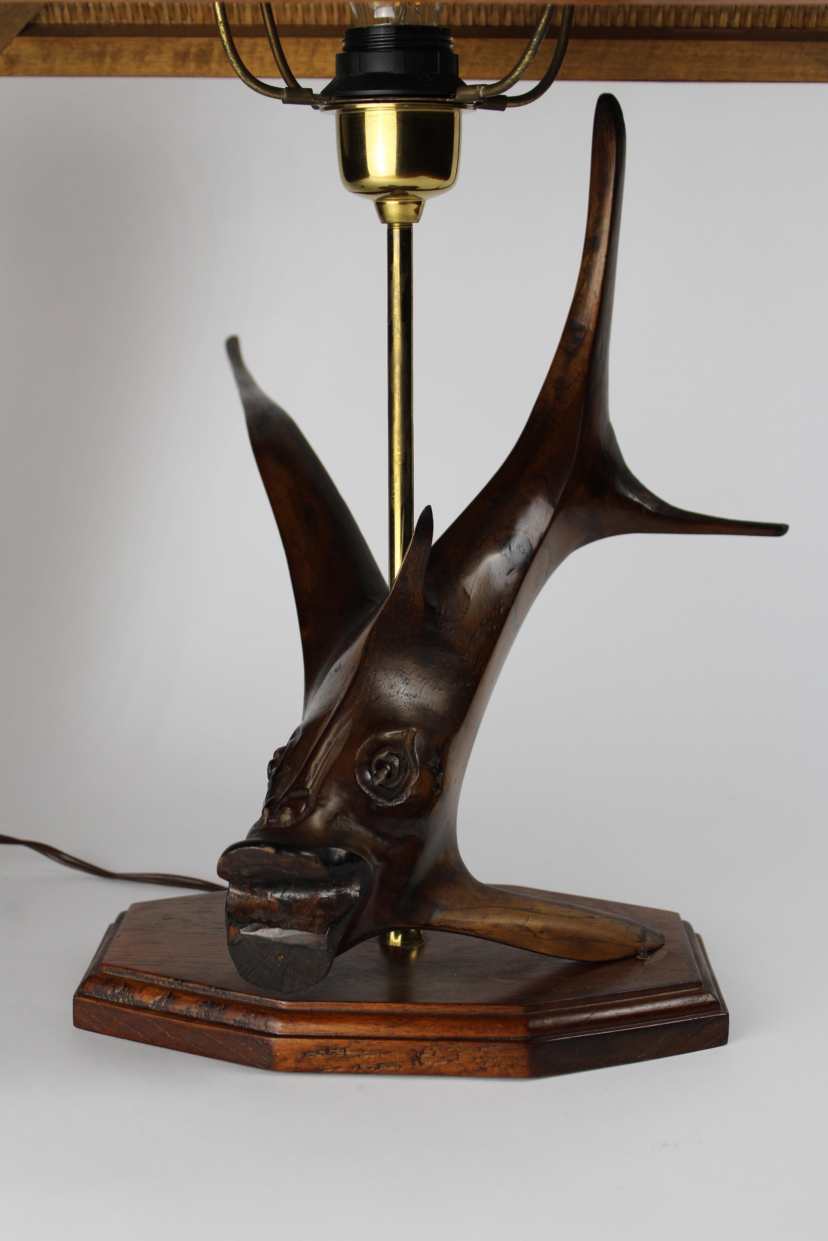 Root Hardwood Table lamp Flying fish Rattan shade by Leonard T 1970 Germany For Sale 3