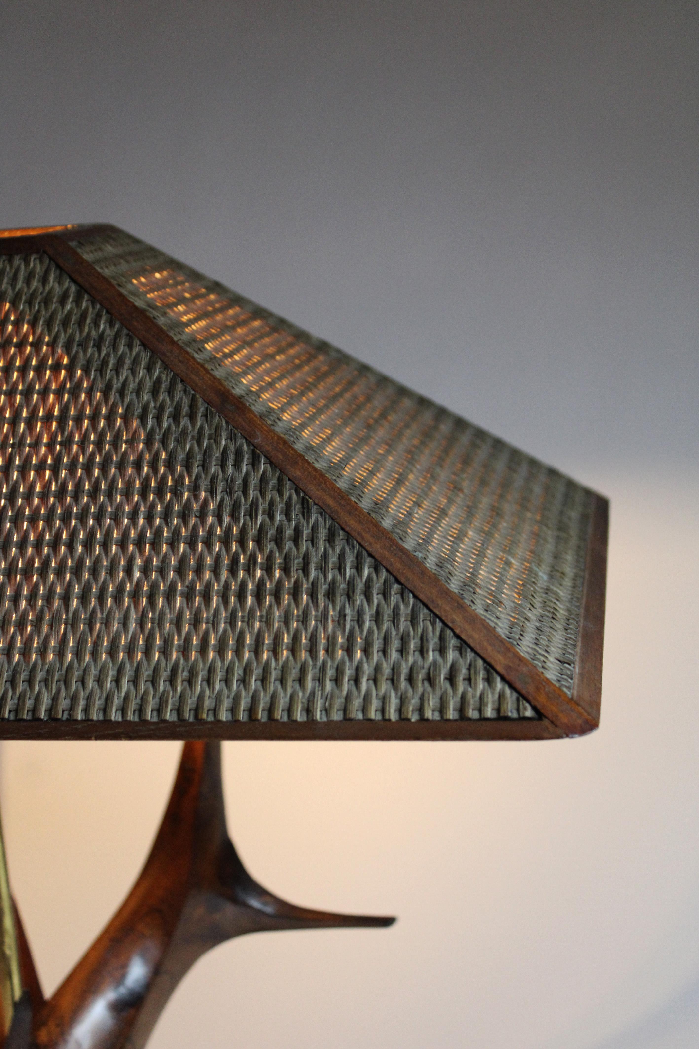 Root Hardwood Table lamp Flying fish Rattan shade by Leonard T 1970 Germany For Sale 4
