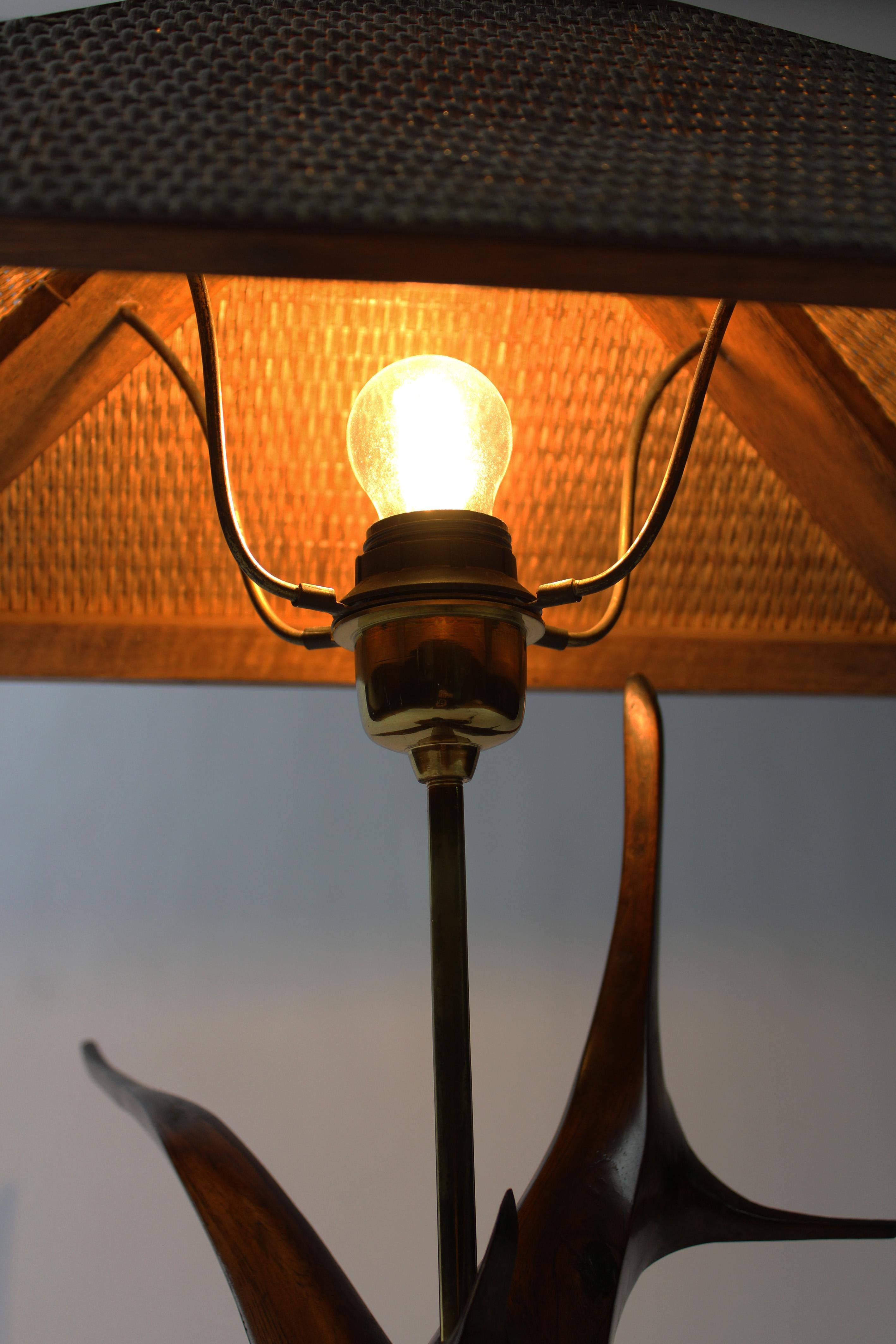 Root Hardwood Table lamp Flying fish Rattan shade by Leonard T 1970 Germany For Sale 9