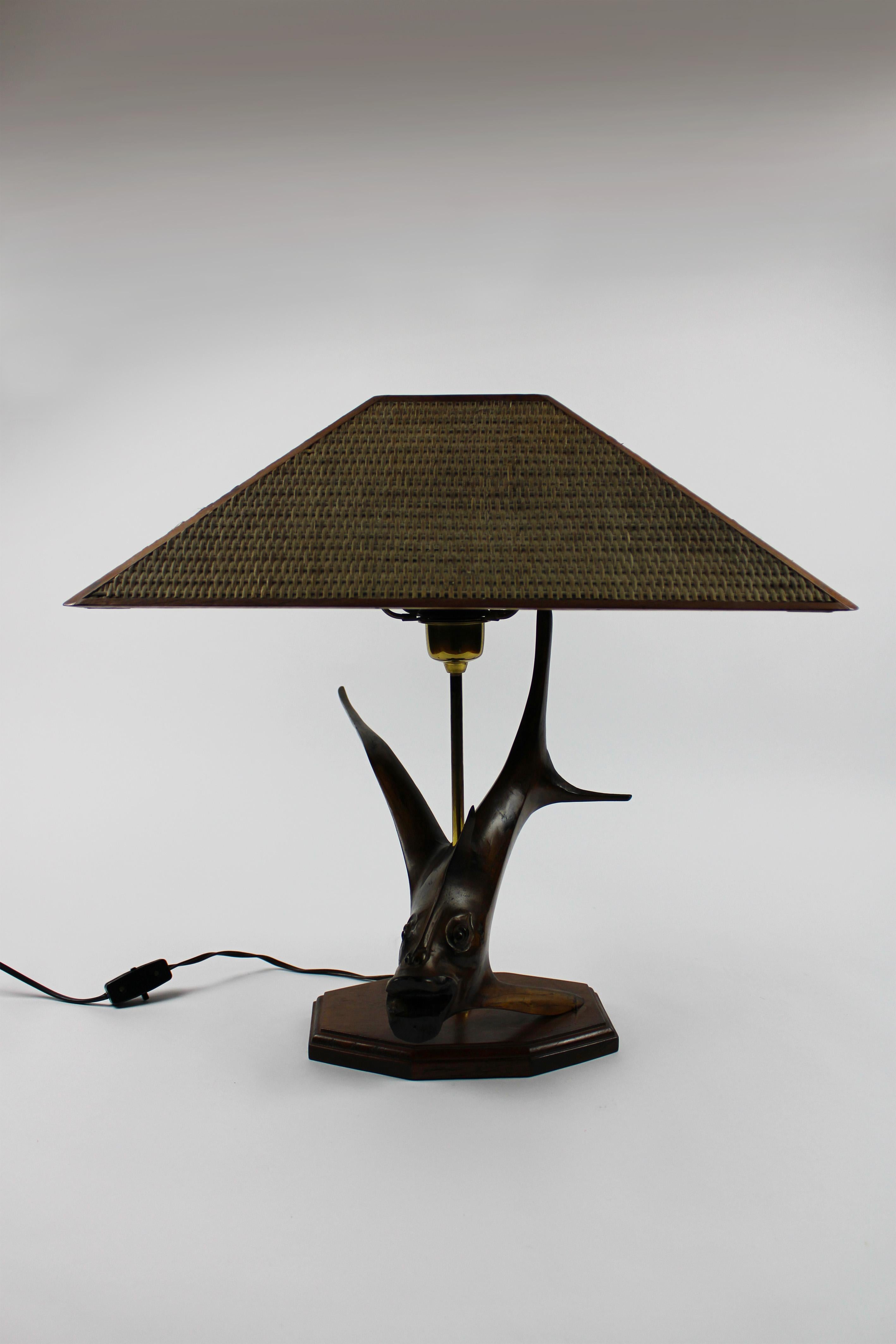 Root Hardwood Table lamp Flying fish Rattan shade by Leonard T 1970 Germany For Sale 11