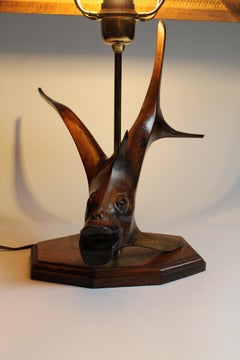 Root Hardwood Table lamp Flying fish Rattan shade by Leonard T 1970 Germany