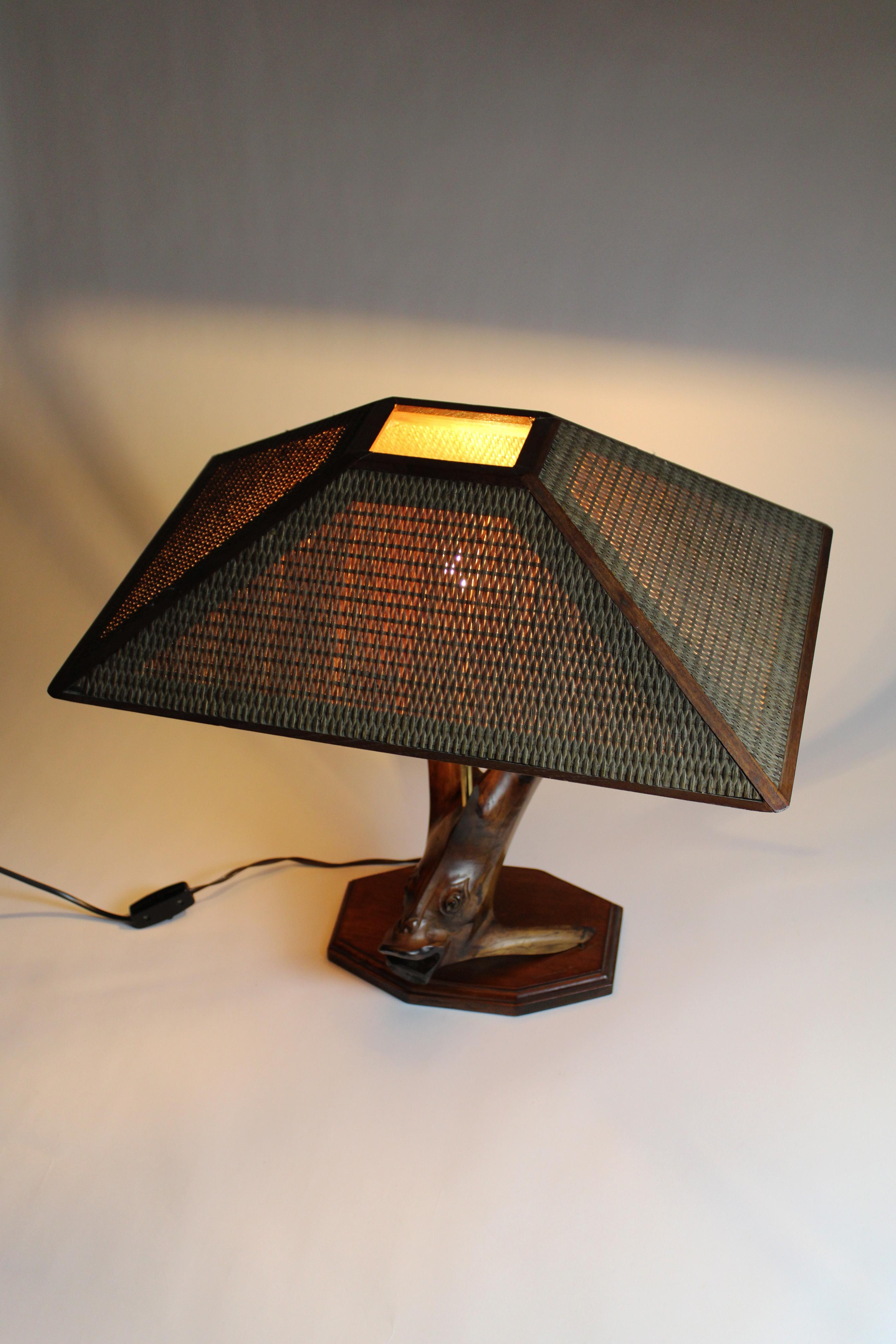 Mid-Century Modern Root Hardwood Table lamp Flying fish Rattan shade by Leonard T 1970 Germany For Sale