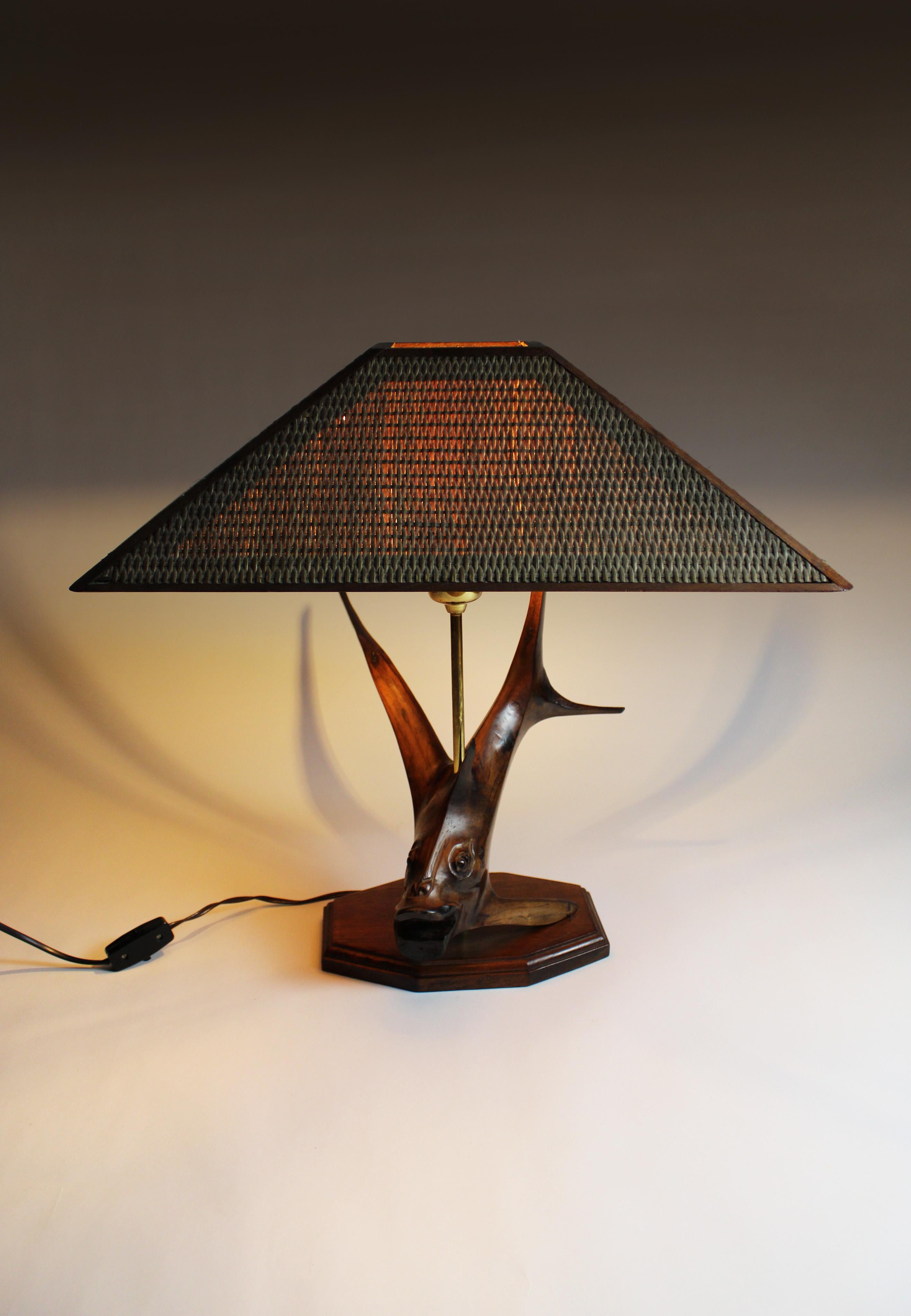 Hand-Crafted Root Hardwood Table lamp Flying fish Rattan shade by Leonard T 1970 Germany For Sale