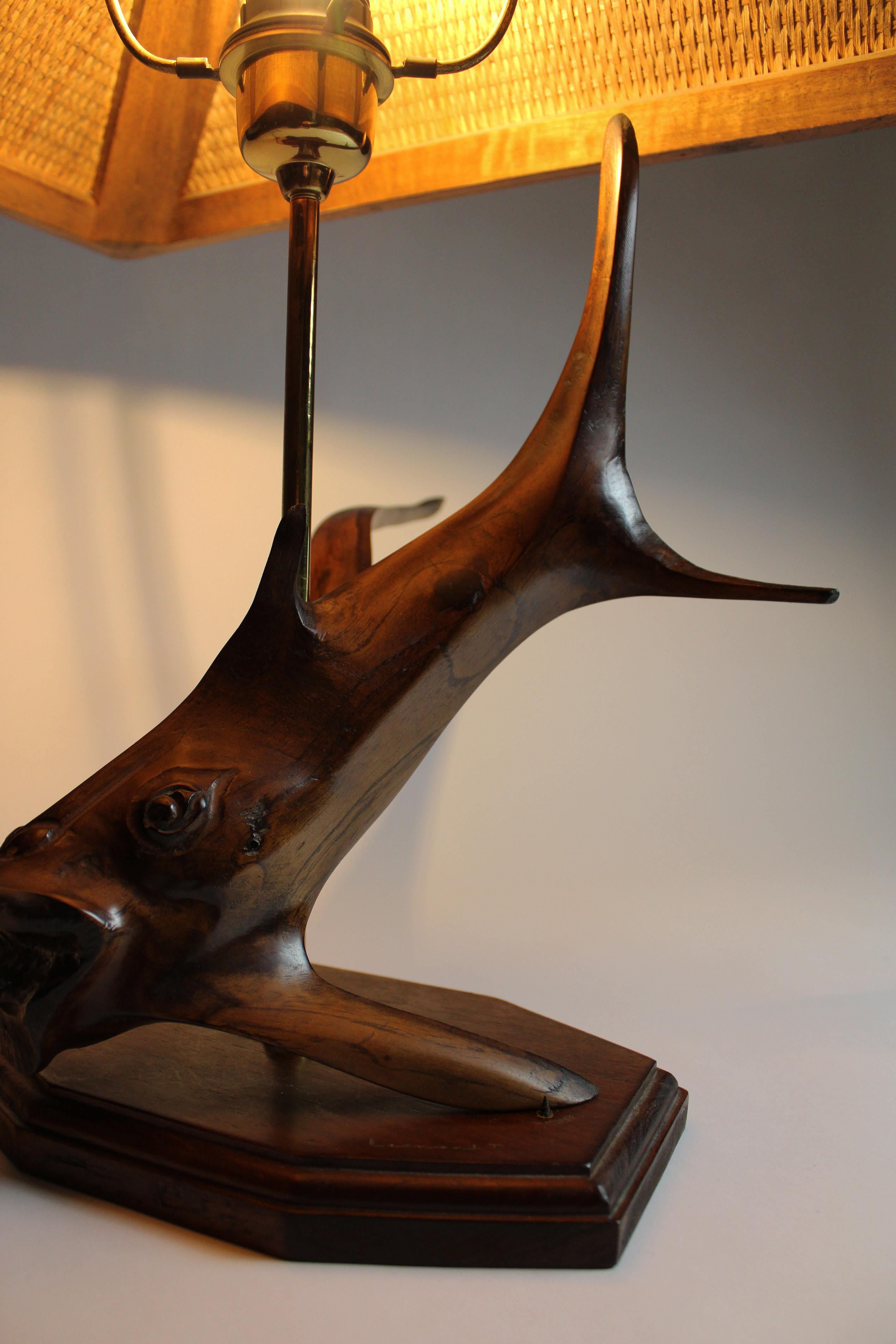 Wood Root Hardwood Table lamp Flying fish Rattan shade by Leonard T 1970 Germany For Sale