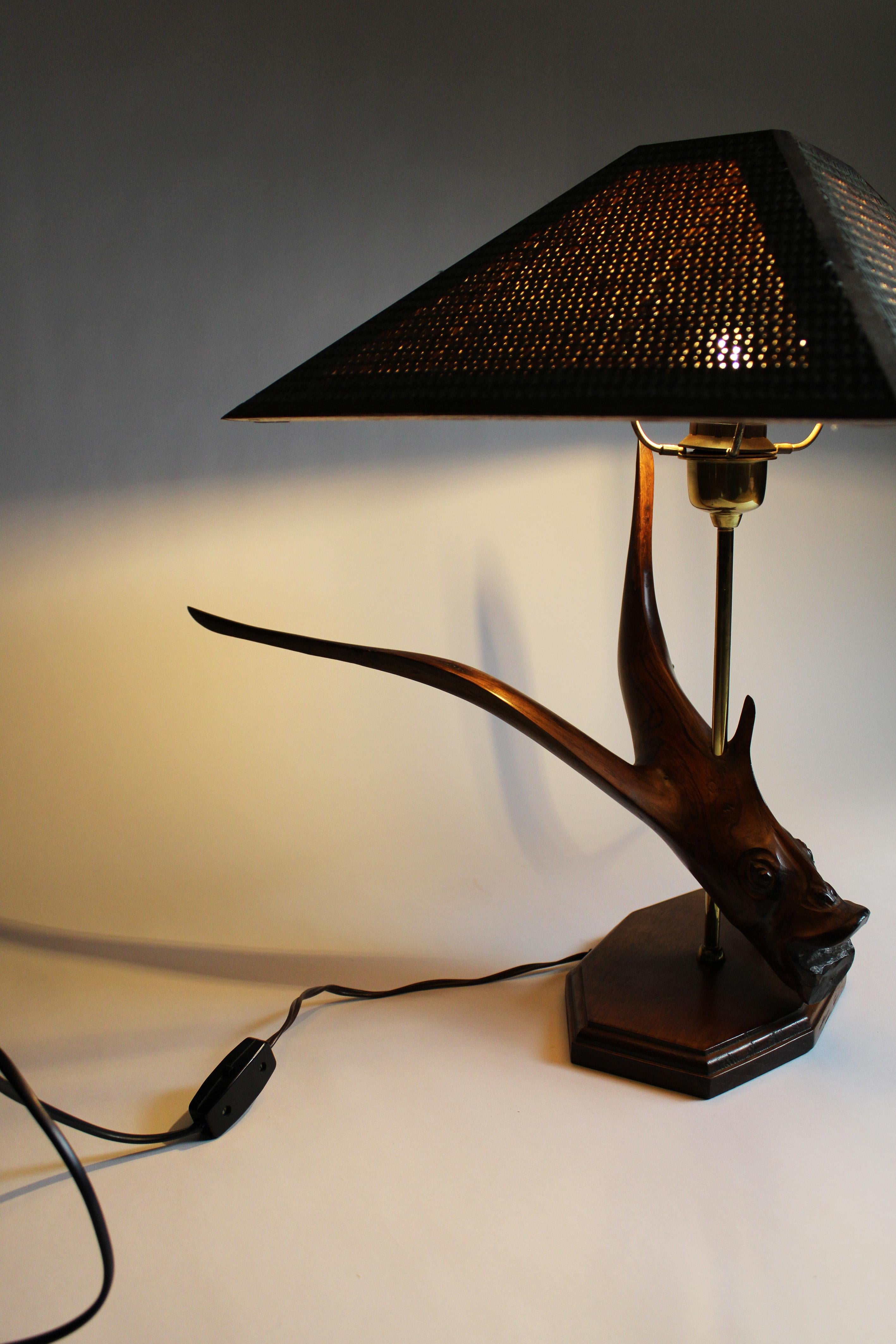Root Hardwood Table lamp Flying fish Rattan shade by Leonard T 1970 Germany For Sale 2