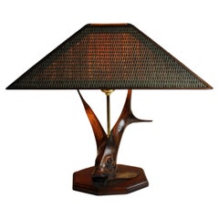 Root Hardwood Table lamp Flying fish Rattan shade by Leonard T 1970 Germany