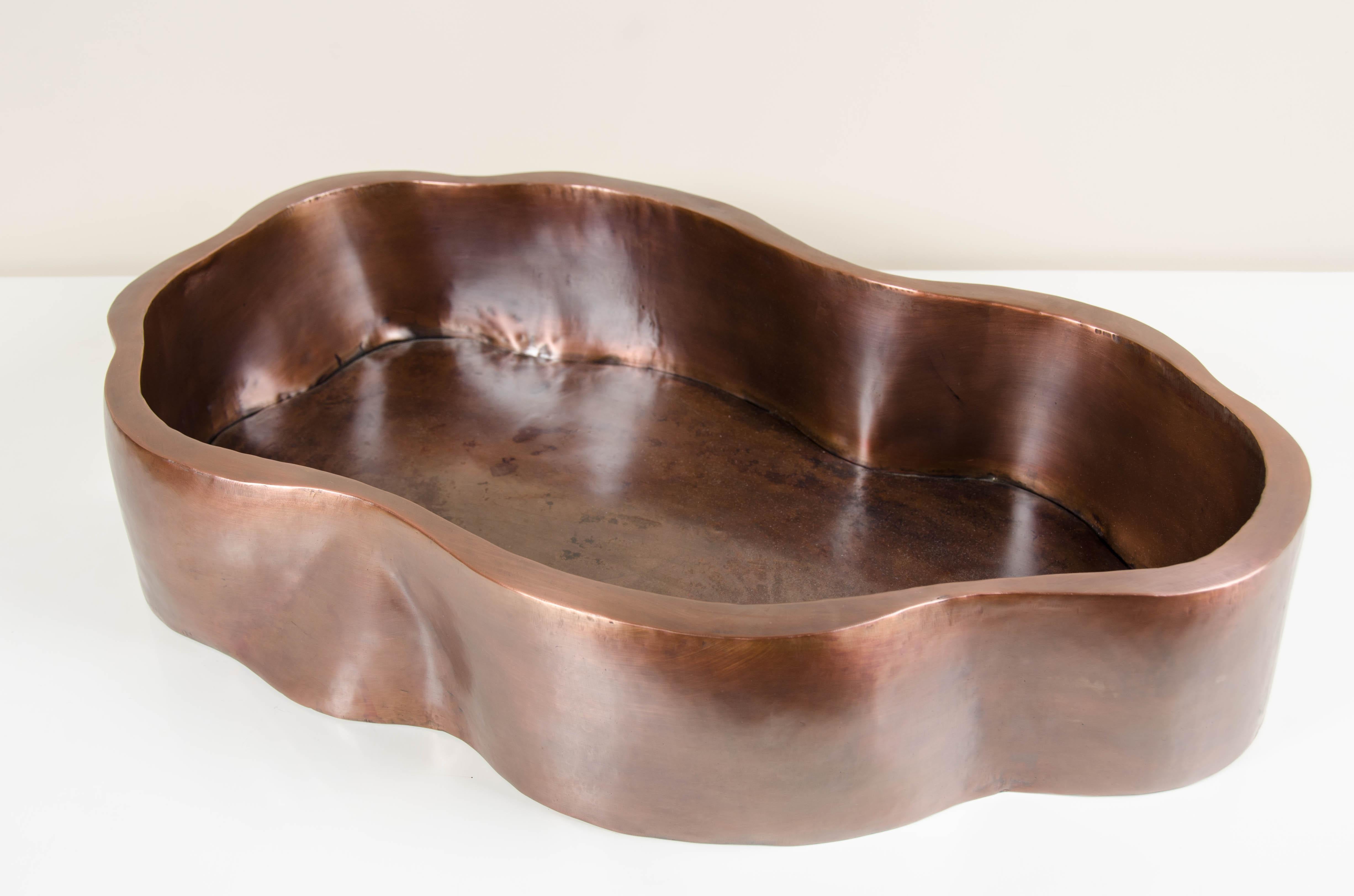 Contemporary Root Shape Oblong Low Cachepot, Antique Copper by Robert Kuo, Limited Edition For Sale