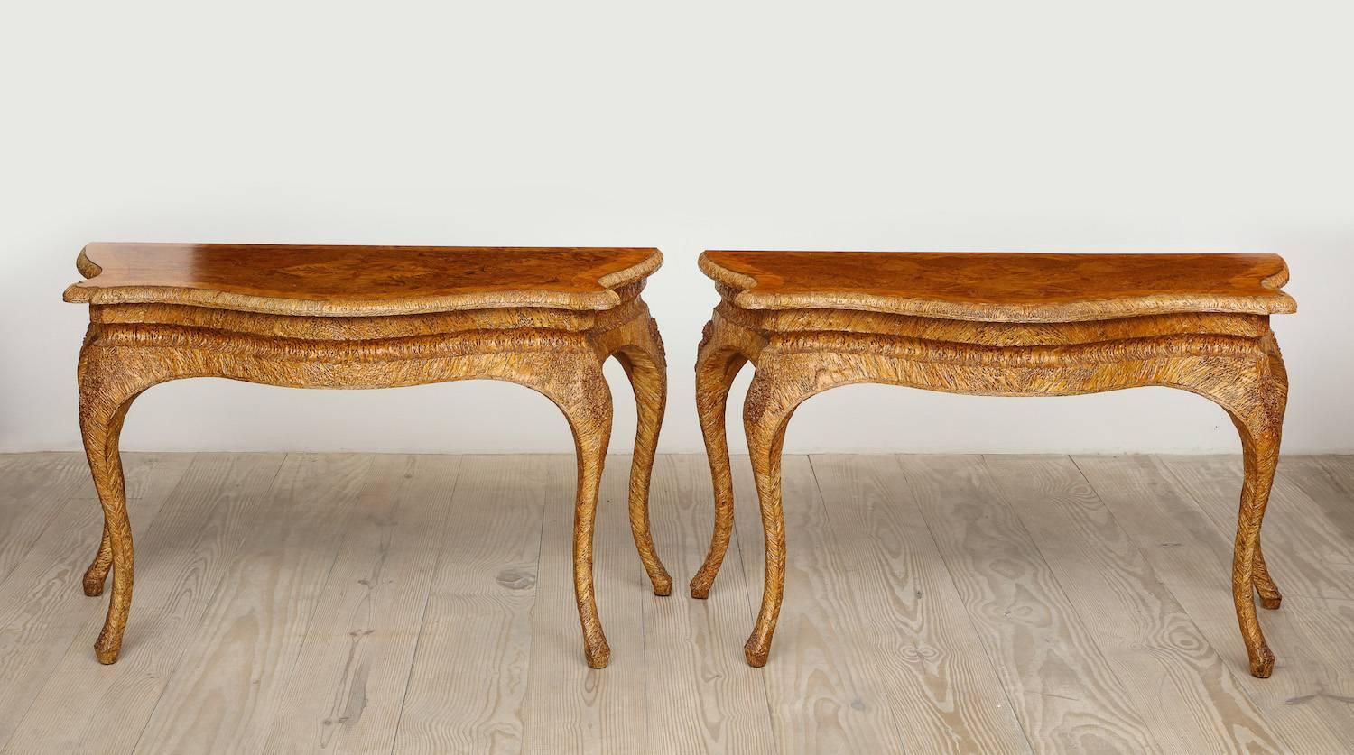 A fine pair of 19th century root wood consoles from Northern Sweden in Masur Birch. Signed and dated, O.H. / 1890. Exceptionally created with wildly rustic yet matching, distinctive bases entwined with bark, knots and roots of the tree from which