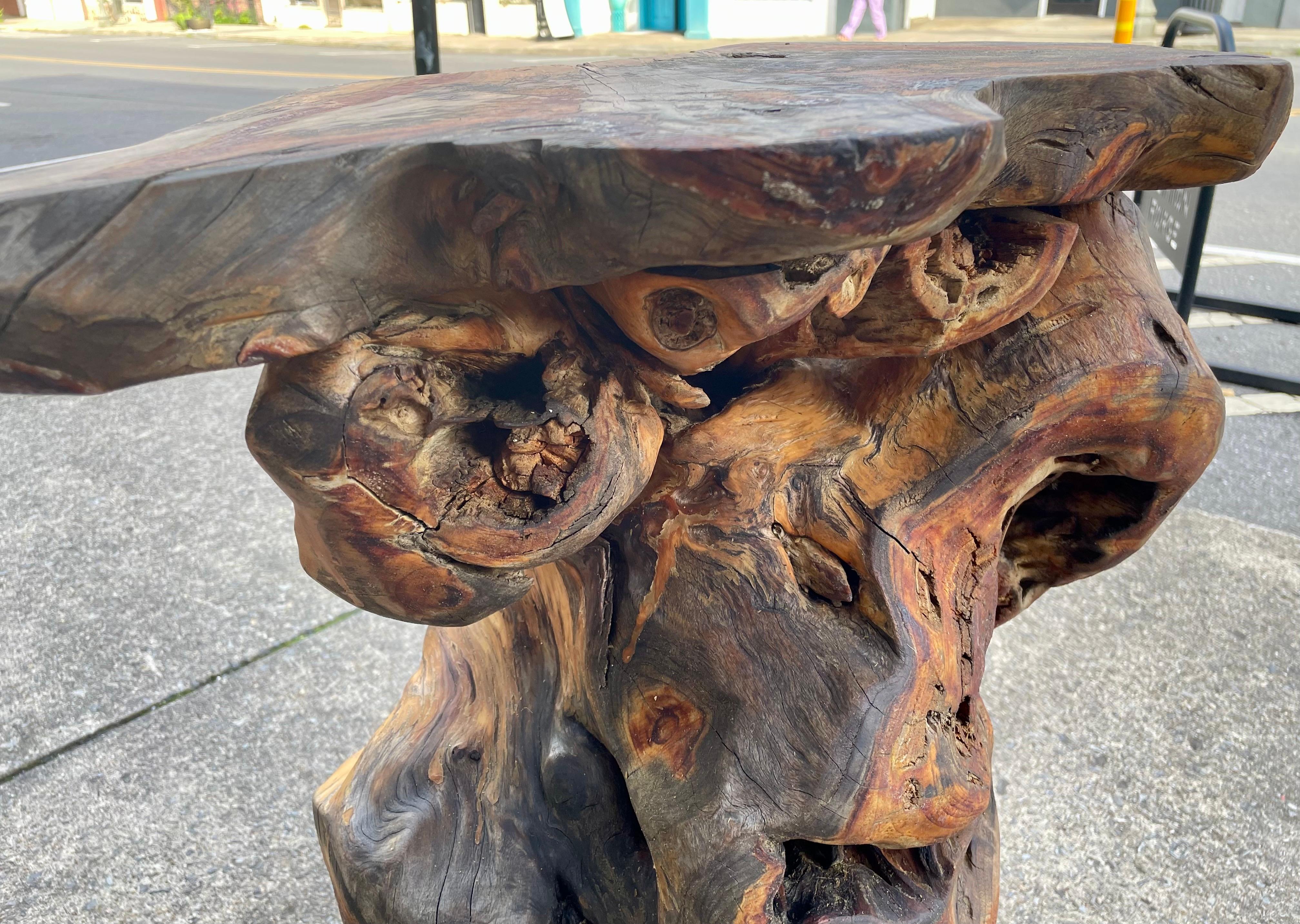 Organique Roots Wood Burlwood Tall Stand Free Form Side Table Organic Pedestal Adirondack en vente
