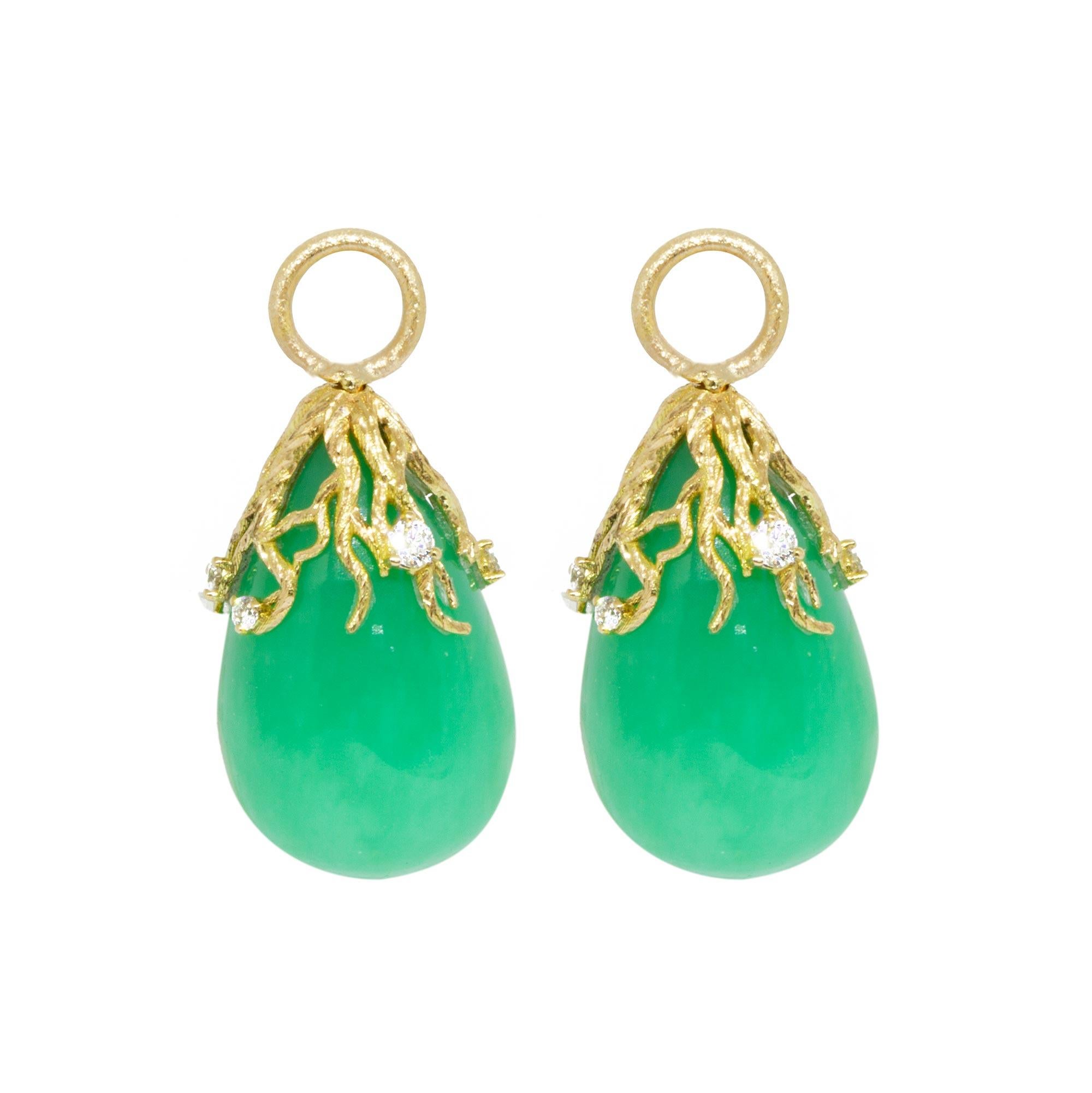 Rooted Chrysoprase Gold 18k Earring Charms In New Condition For Sale In Denver, CO