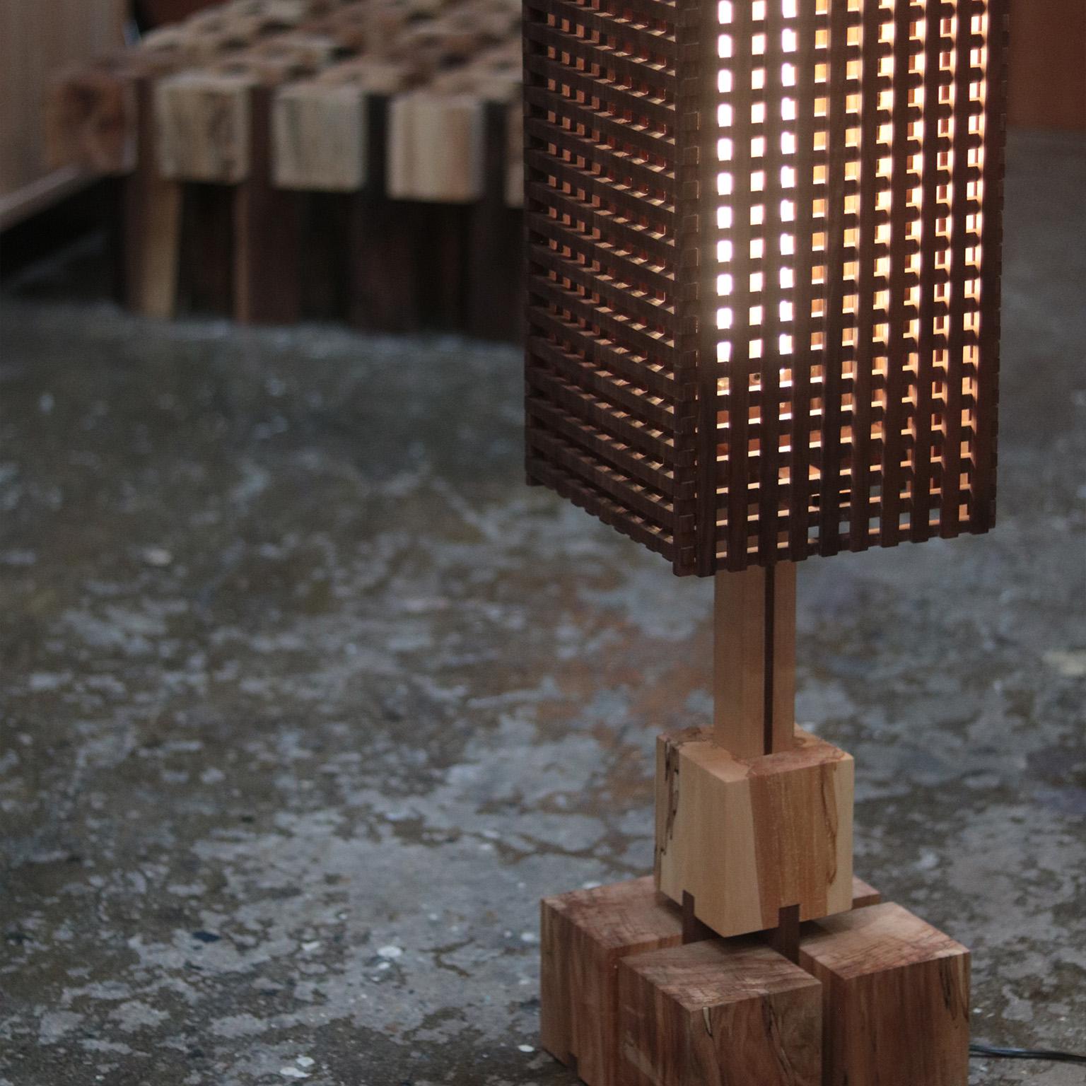 Mid-Century Modern Rooted Floor Lamp With Walnut Shade And Spalted Maple Base For Sale