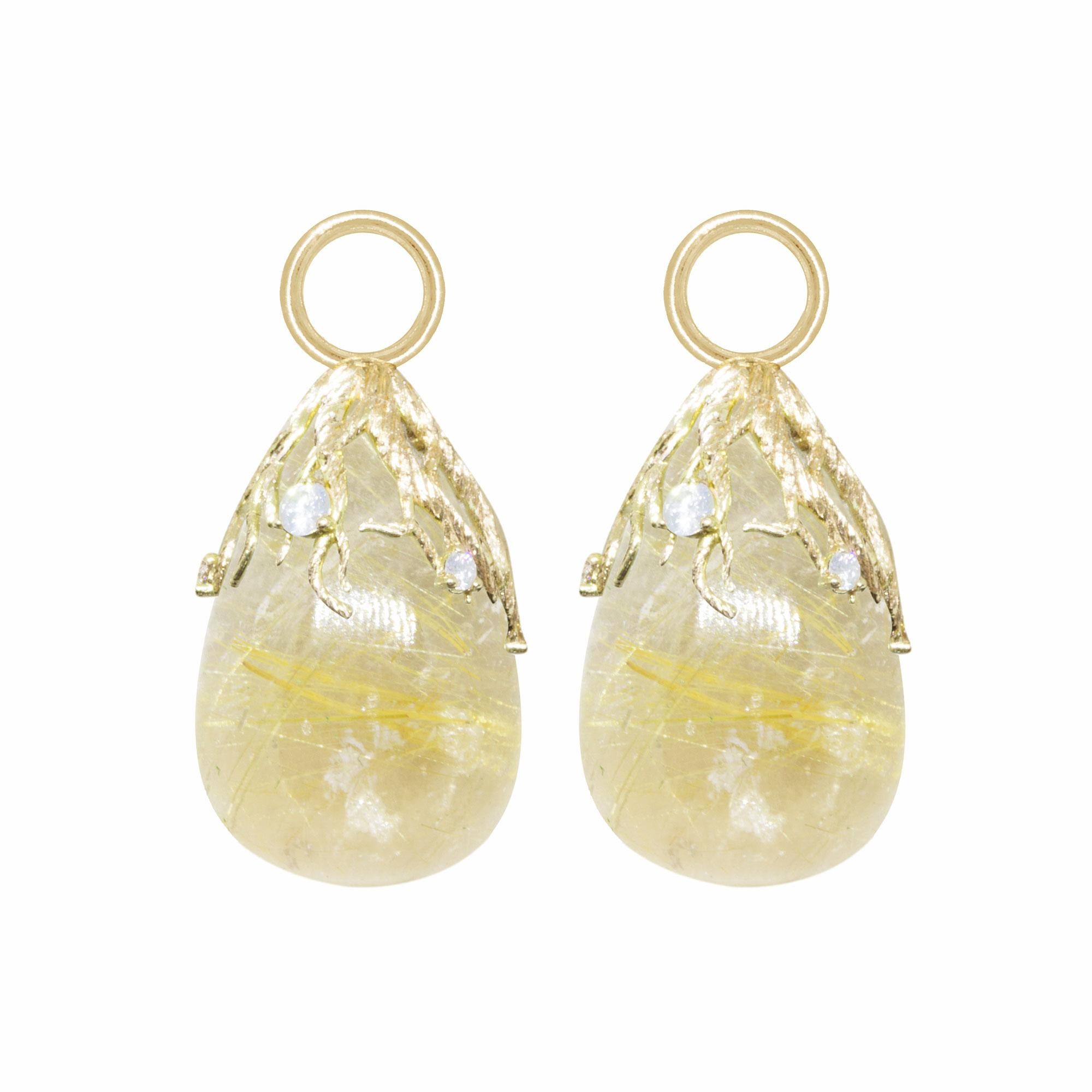 Rooted Golden Tourmalated Quartz Gold 18k Earring Charms  In New Condition For Sale In Denver, CO