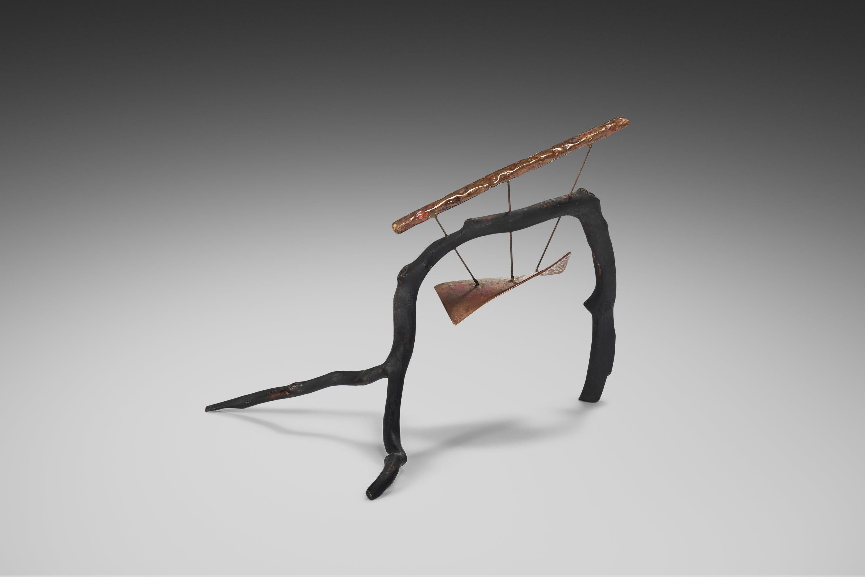Modern Organic Sculptural Art Composed of Ebonized Wood and Patinaed Copper, c. 1960s For Sale