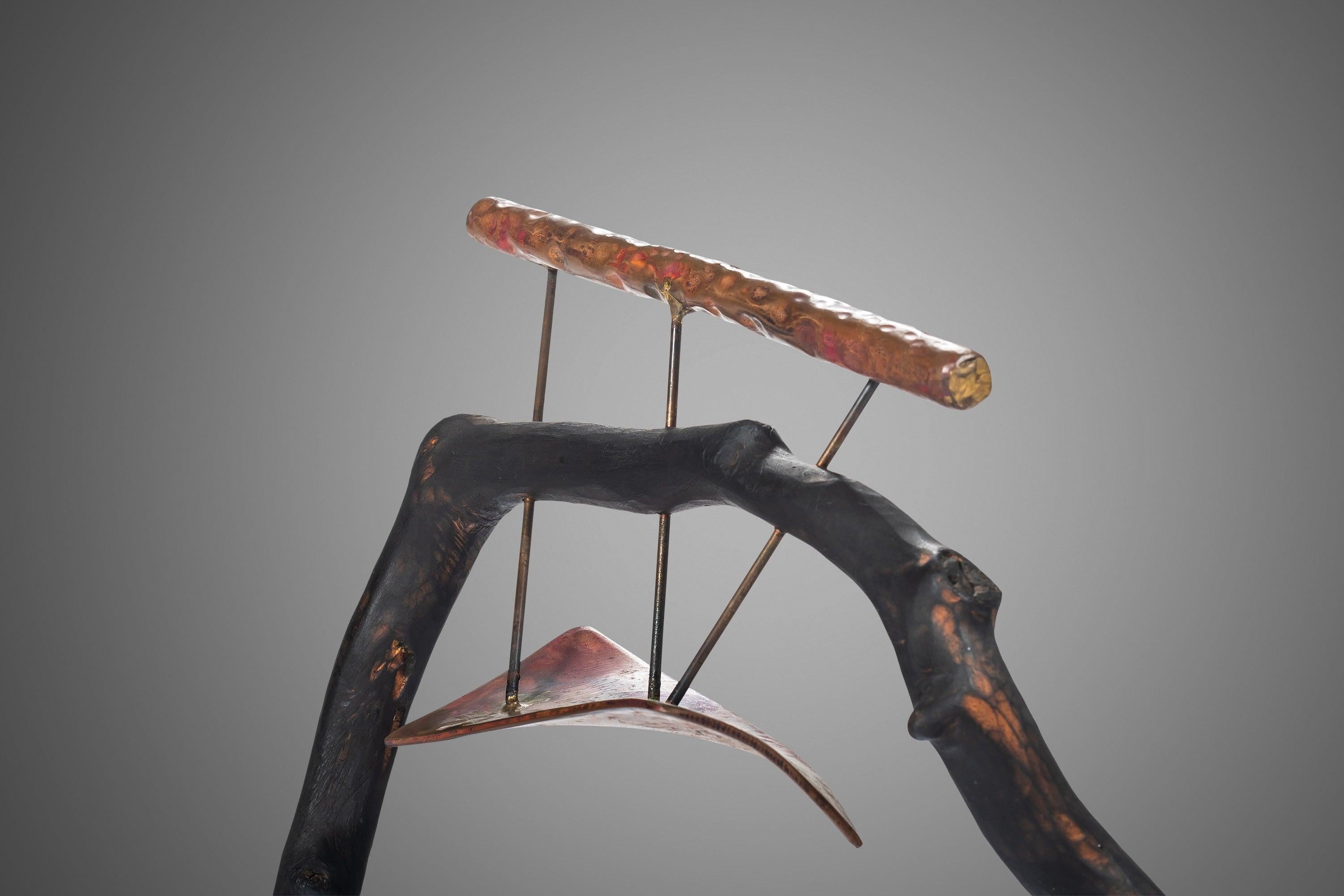 Mid-20th Century Organic Sculptural Art Composed of Ebonized Wood and Patinaed Copper, c. 1960s For Sale