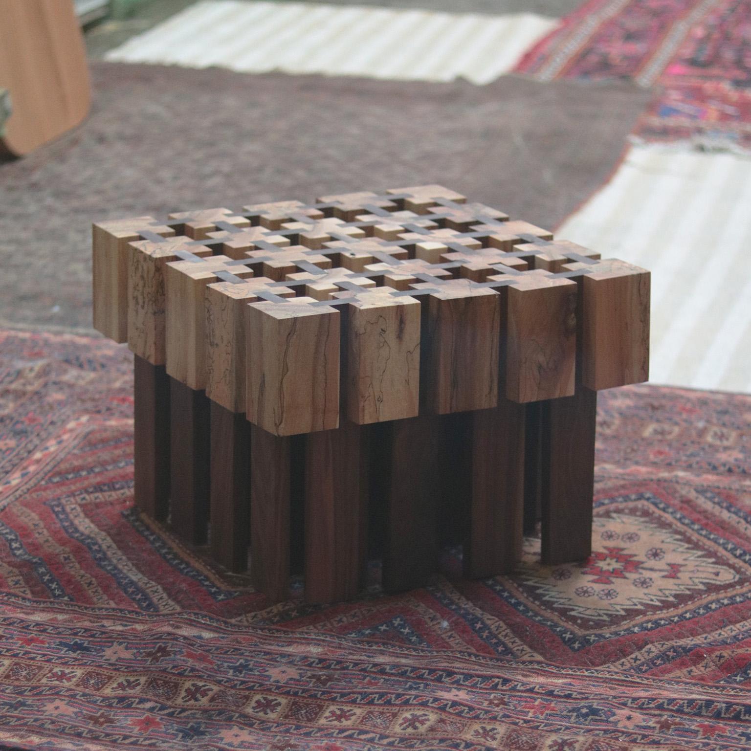 Modern Rooted Spalted Maple Cubes and Walnut Side Table For Sale