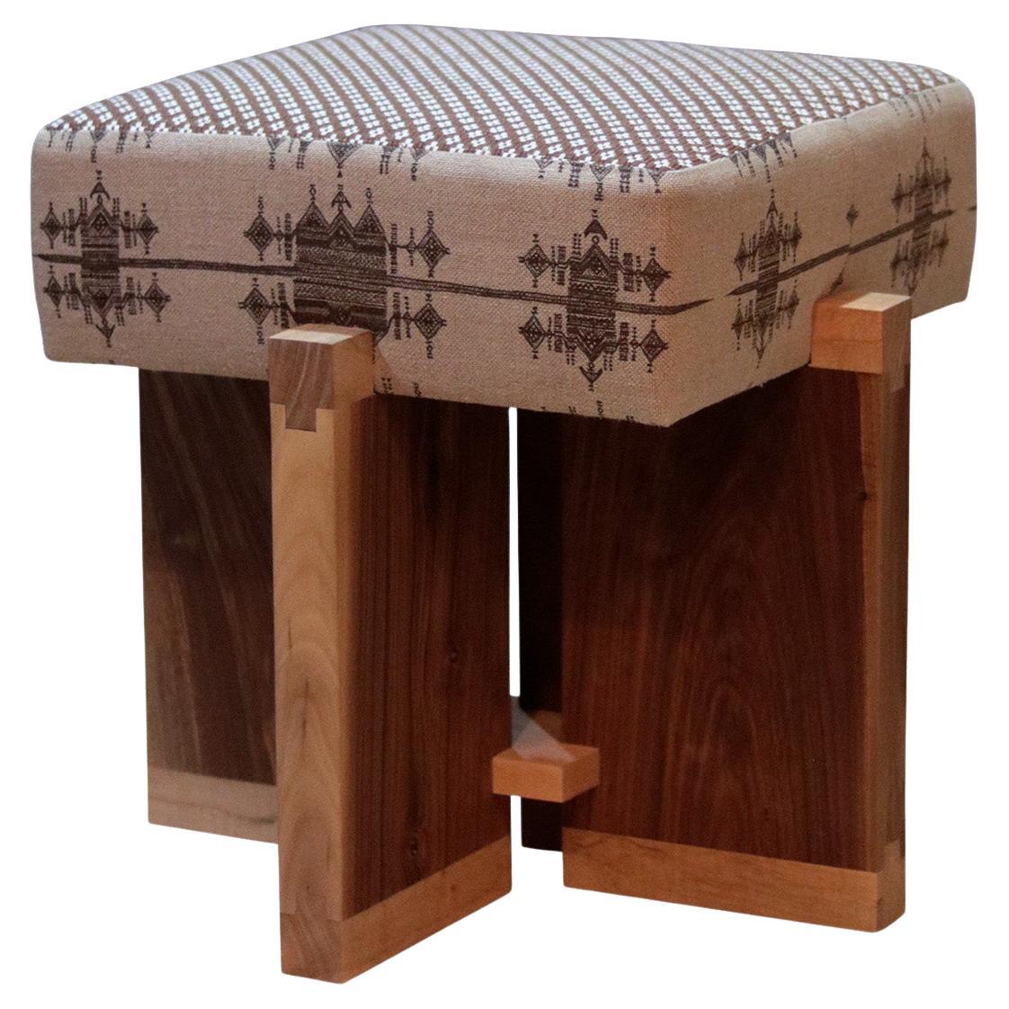 Rooted Walnut And Spalted Maple Stool With Square Upholstered Seat