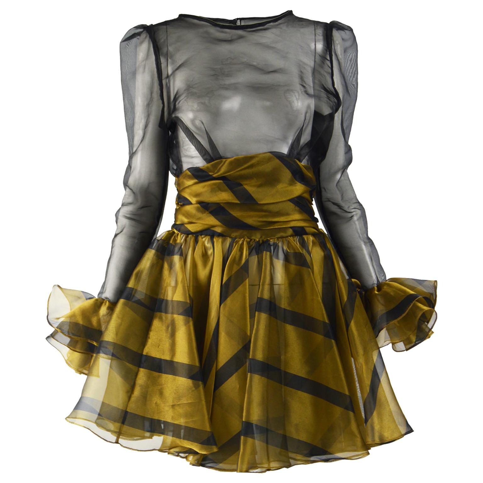 Roots 1980s Vintage Sheer Black & Gold Party Dress