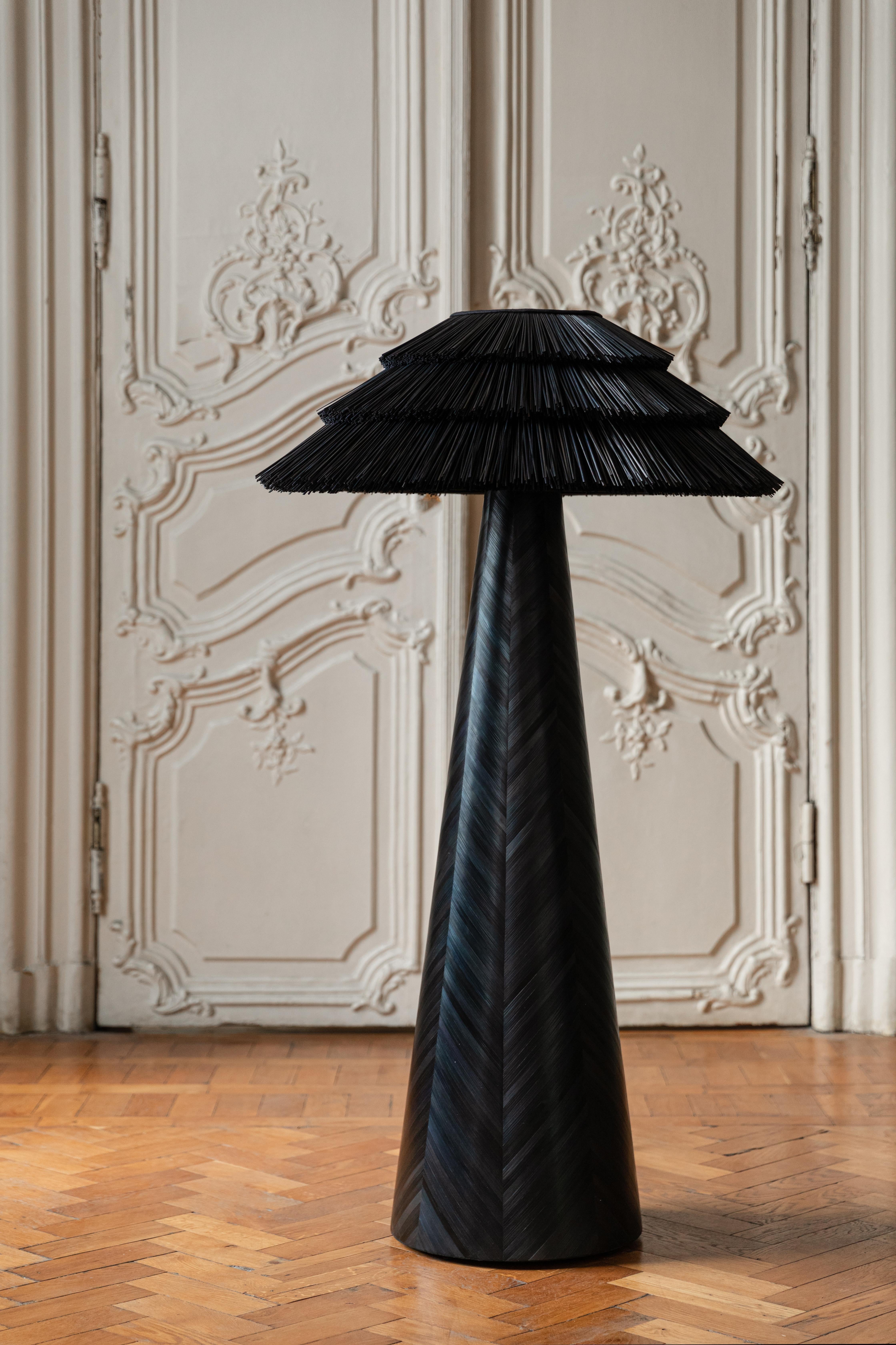 Ukrainian Contemporary Black Floor Lamp in Straw Marquetry Technique Handcrafted For Sale