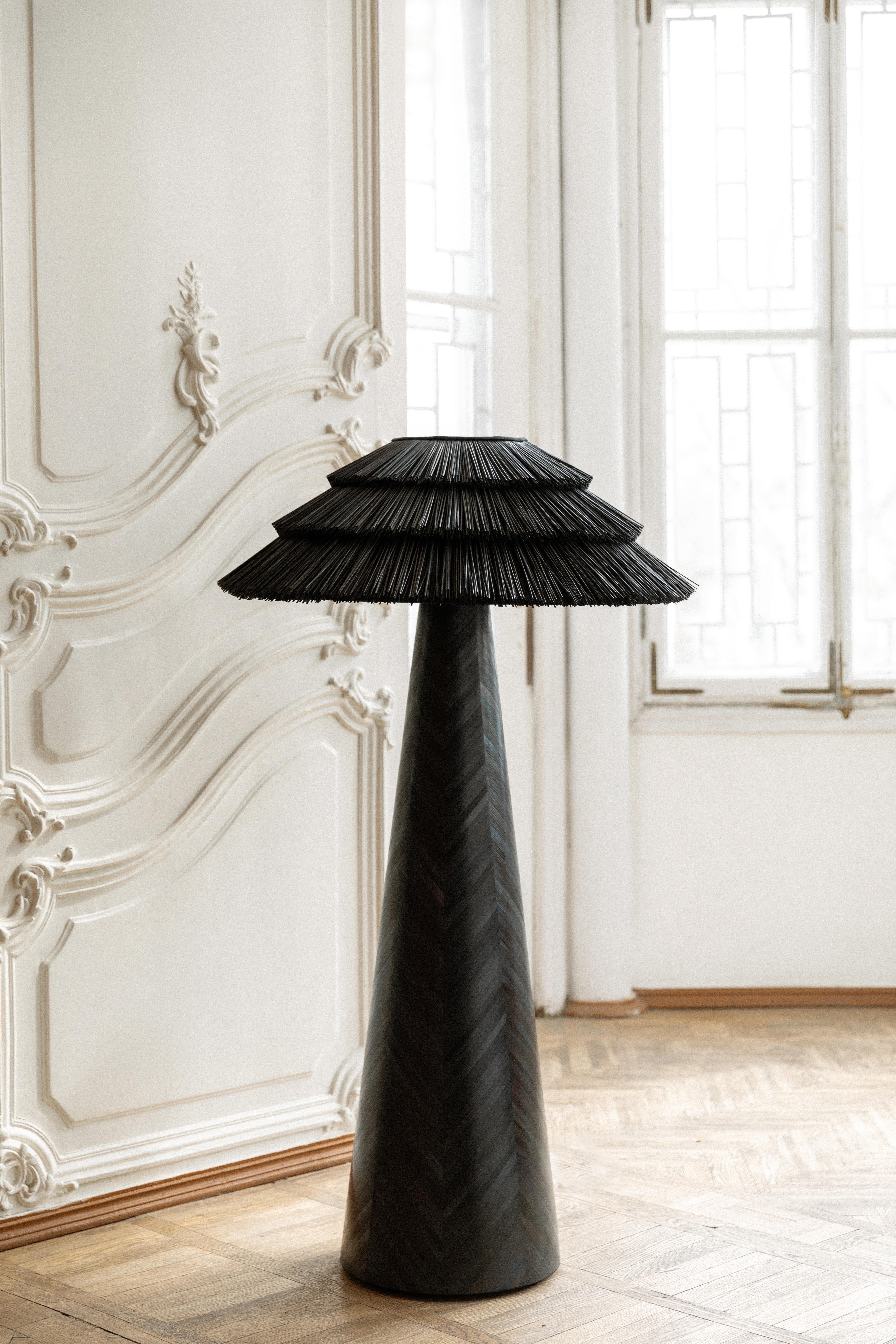 Inlay Contemporary Black Floor Lamp in Straw Marquetry Technique Handcrafted For Sale
