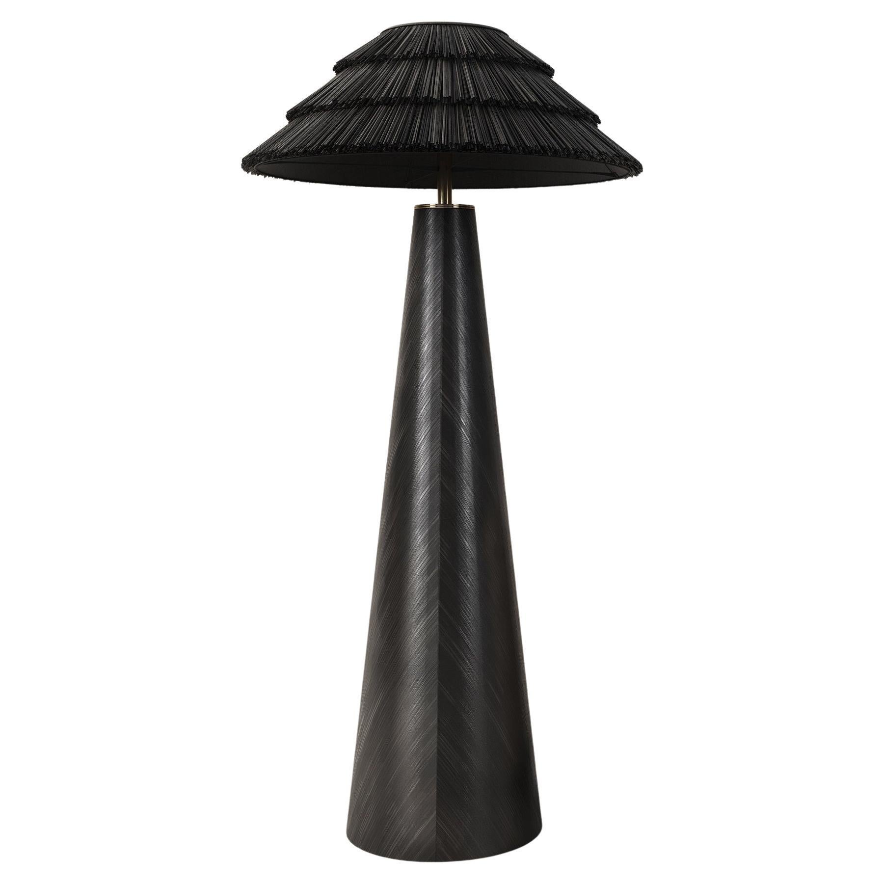 Contemporary Black Floor Lamp in Straw Marquetry Technique Handcrafted For Sale