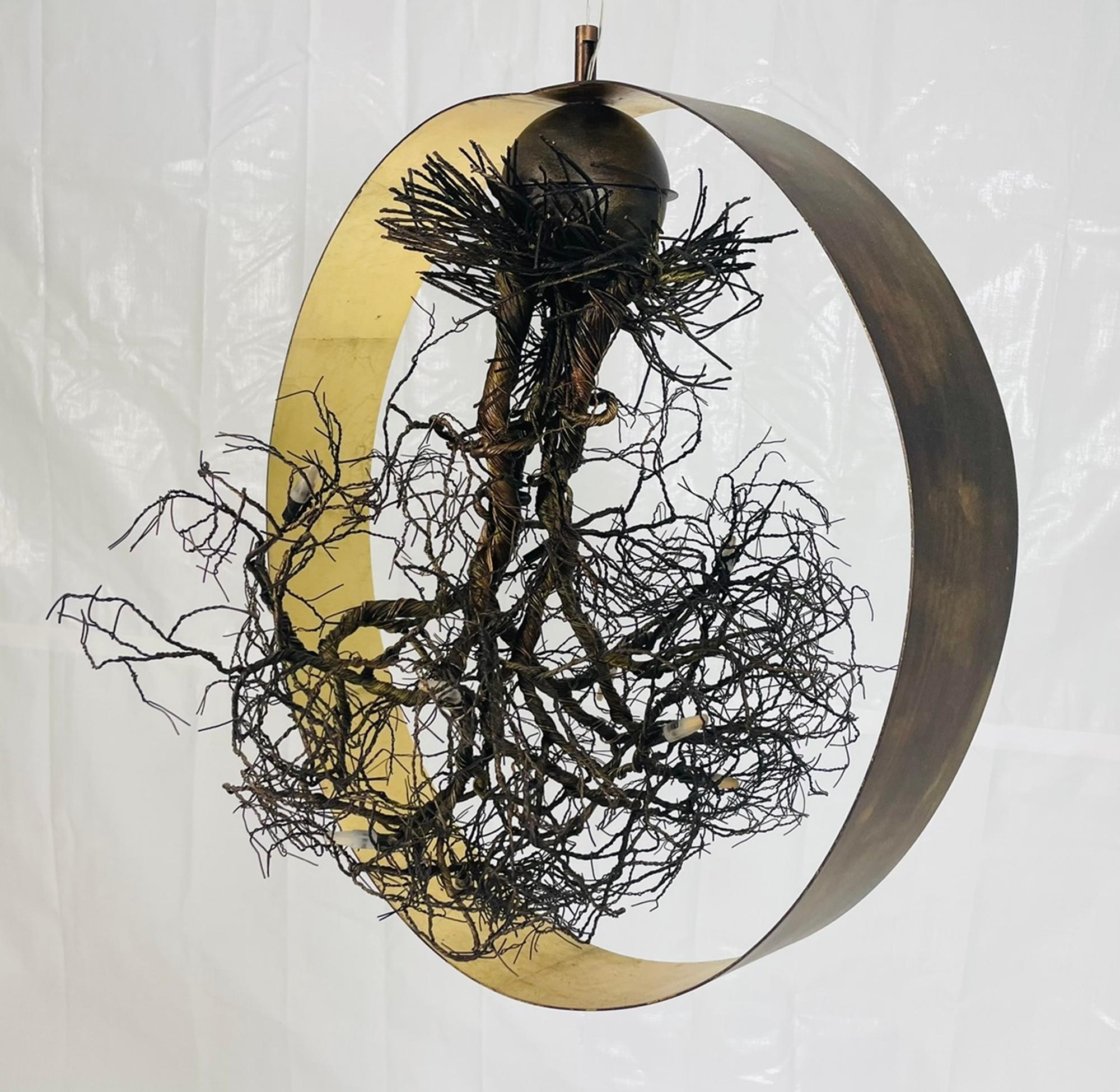 Organic Modern “Roots” Sculptural Pendant Light by F+M FOS, Hand-Twisted Wire, Gold Leaf, Greec For Sale