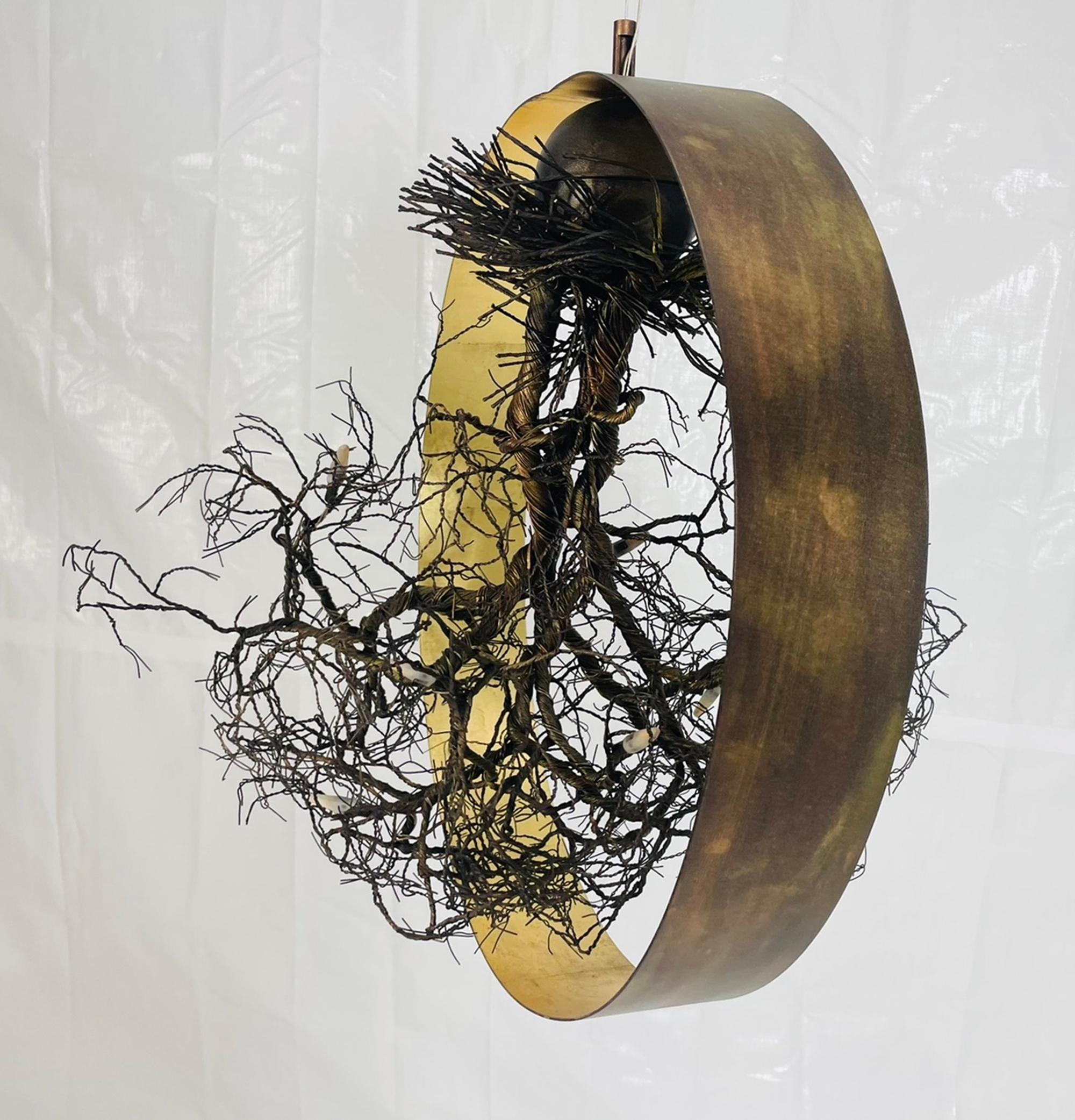 Greek “Roots” Sculptural Pendant Light by F+M FOS, Hand-Twisted Wire, Gold Leaf, Greec For Sale