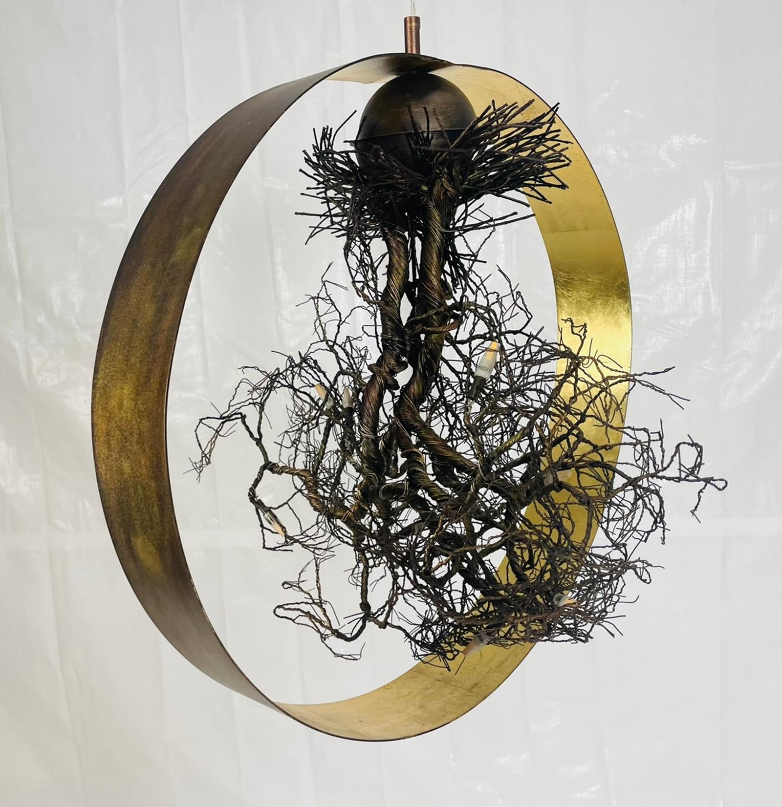 Hand-Crafted “Roots” Sculptural Pendant Light by F+M FOS, Hand-Twisted Wire, Gold Leaf, Greec For Sale