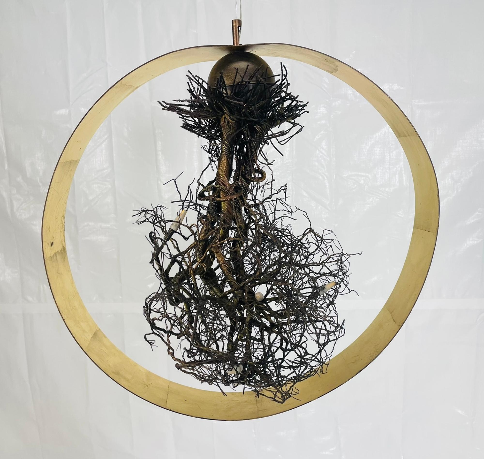 “Roots” Sculptural Pendant Light by F+M FOS, Hand-Twisted Wire, Gold Leaf, Greec In Good Condition For Sale In Los Angeles, CA