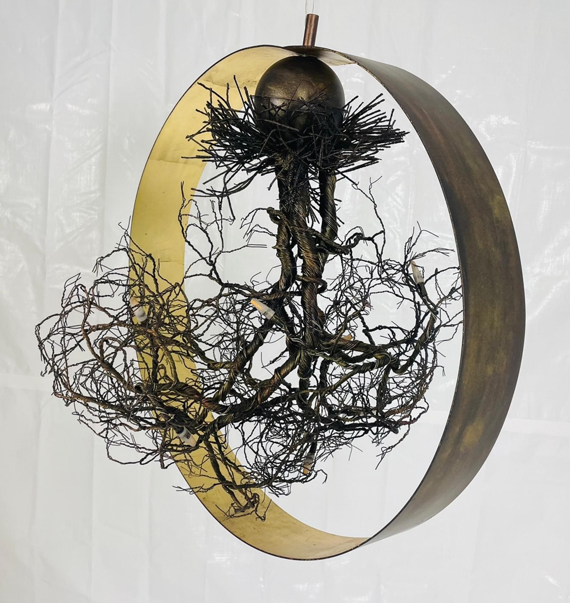 Metal “Roots” Sculptural Pendant Light by F+M FOS, Hand-Twisted Wire, Gold Leaf, Greec For Sale