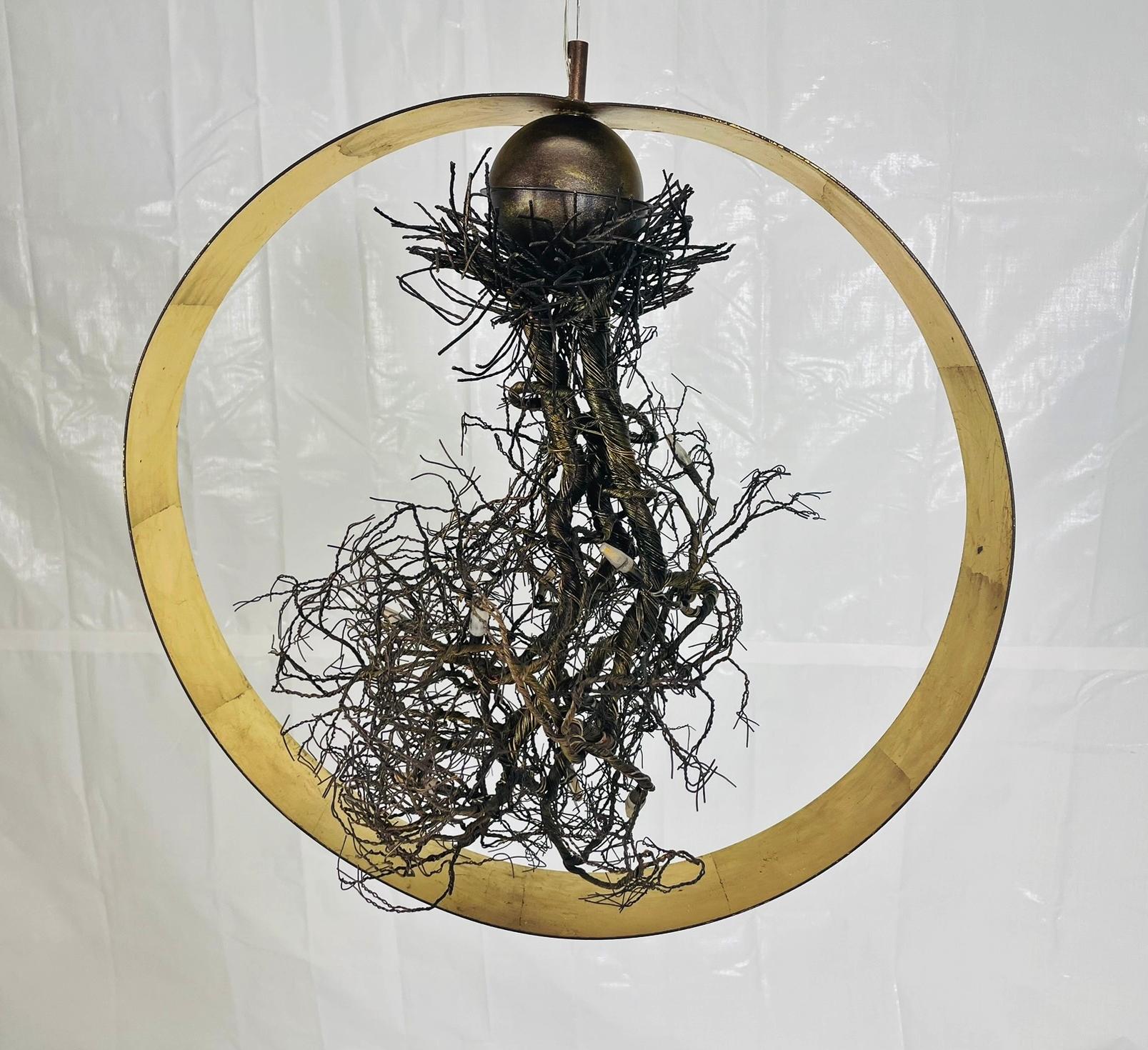 “Roots” Sculptural Pendant Light by F+M FOS, Hand-Twisted Wire, Gold Leaf, Greec For Sale 1