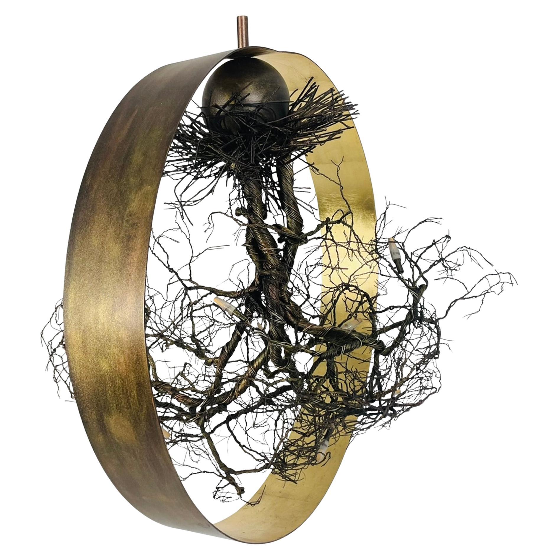 “Roots” Sculptural Pendant Light by F+M FOS, Hand-Twisted Wire, Gold Leaf, Greec