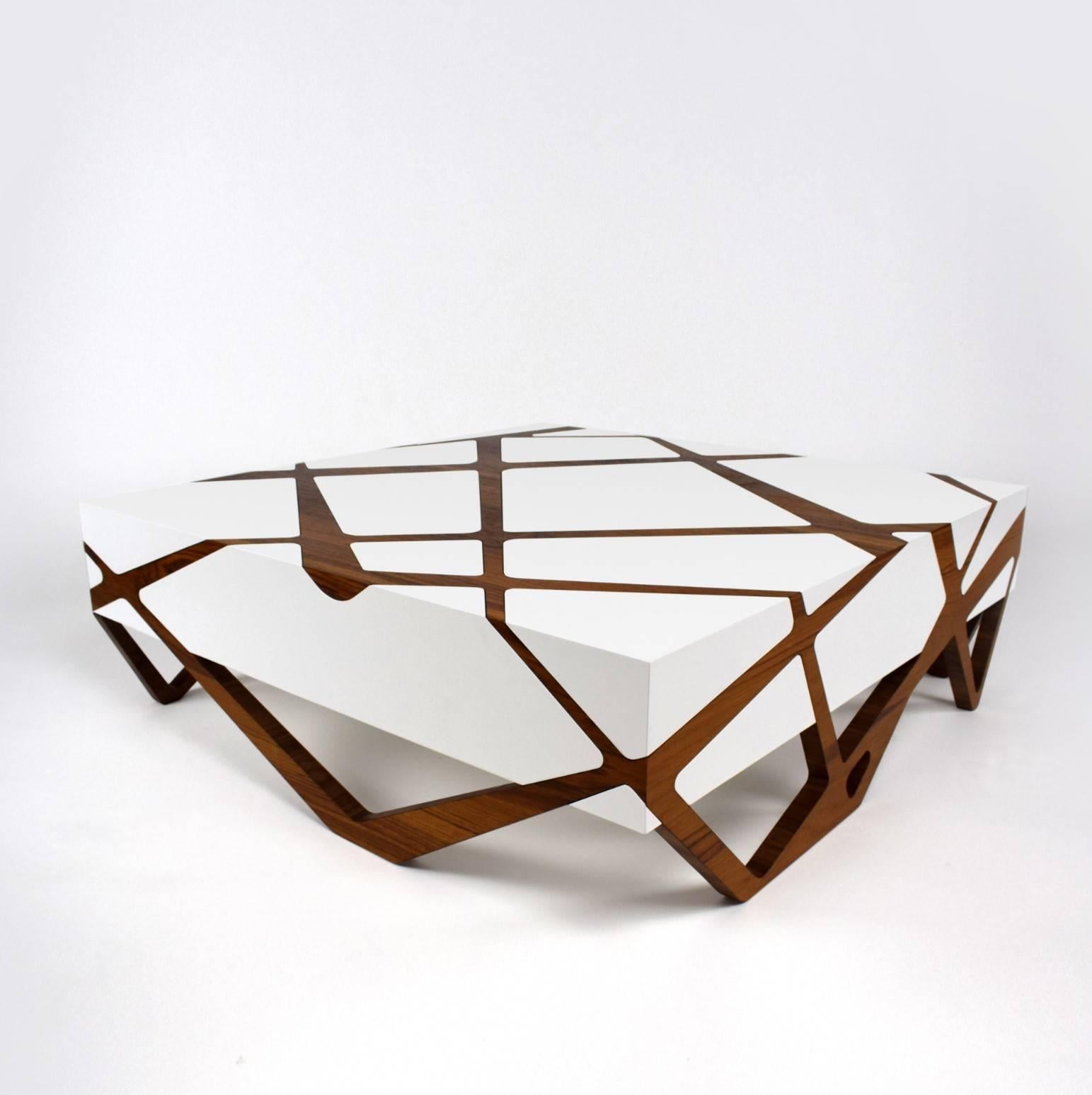 Walnut Roots White Lacquer Coffee Table with Iron Wood For Sale
