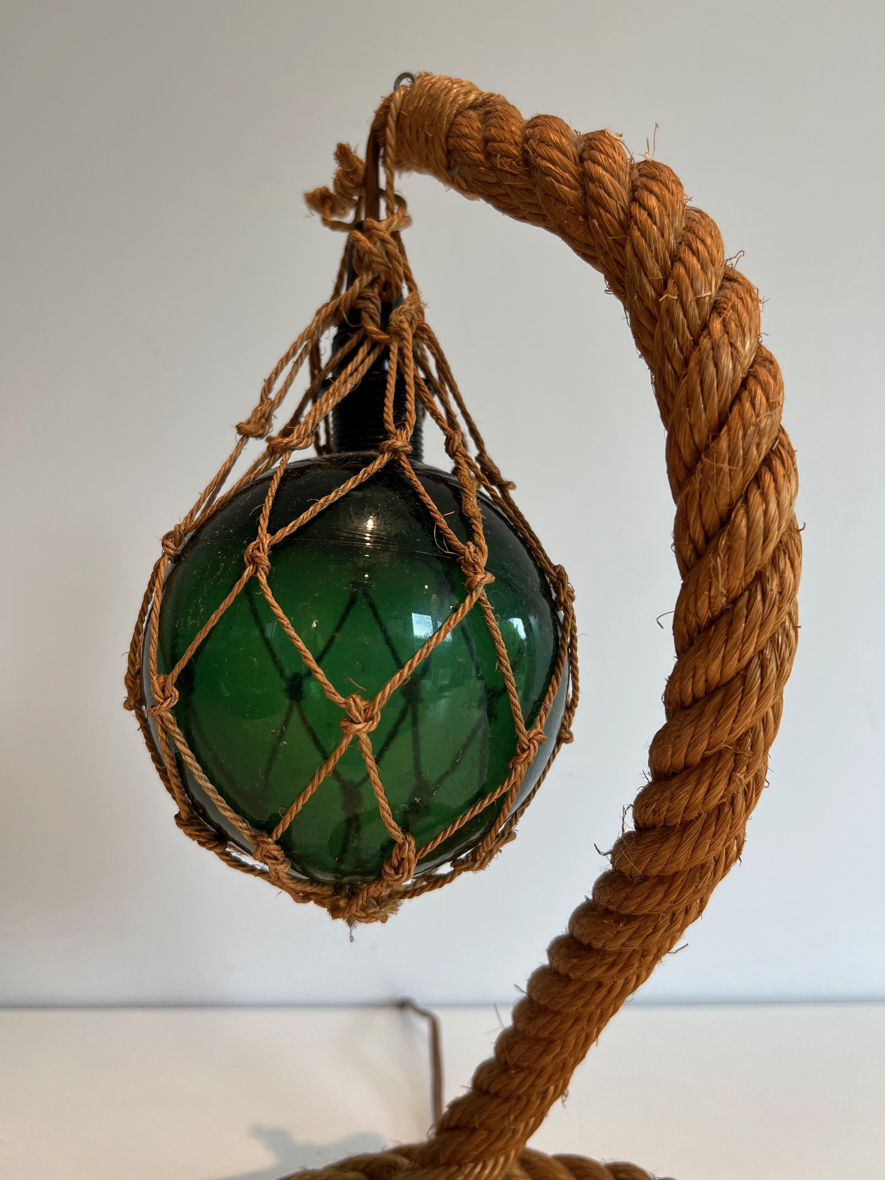 Mid-Century Modern Rope and green glass table lamp by Adrien Audoux & Frida Minet (Audoux Minet) For Sale