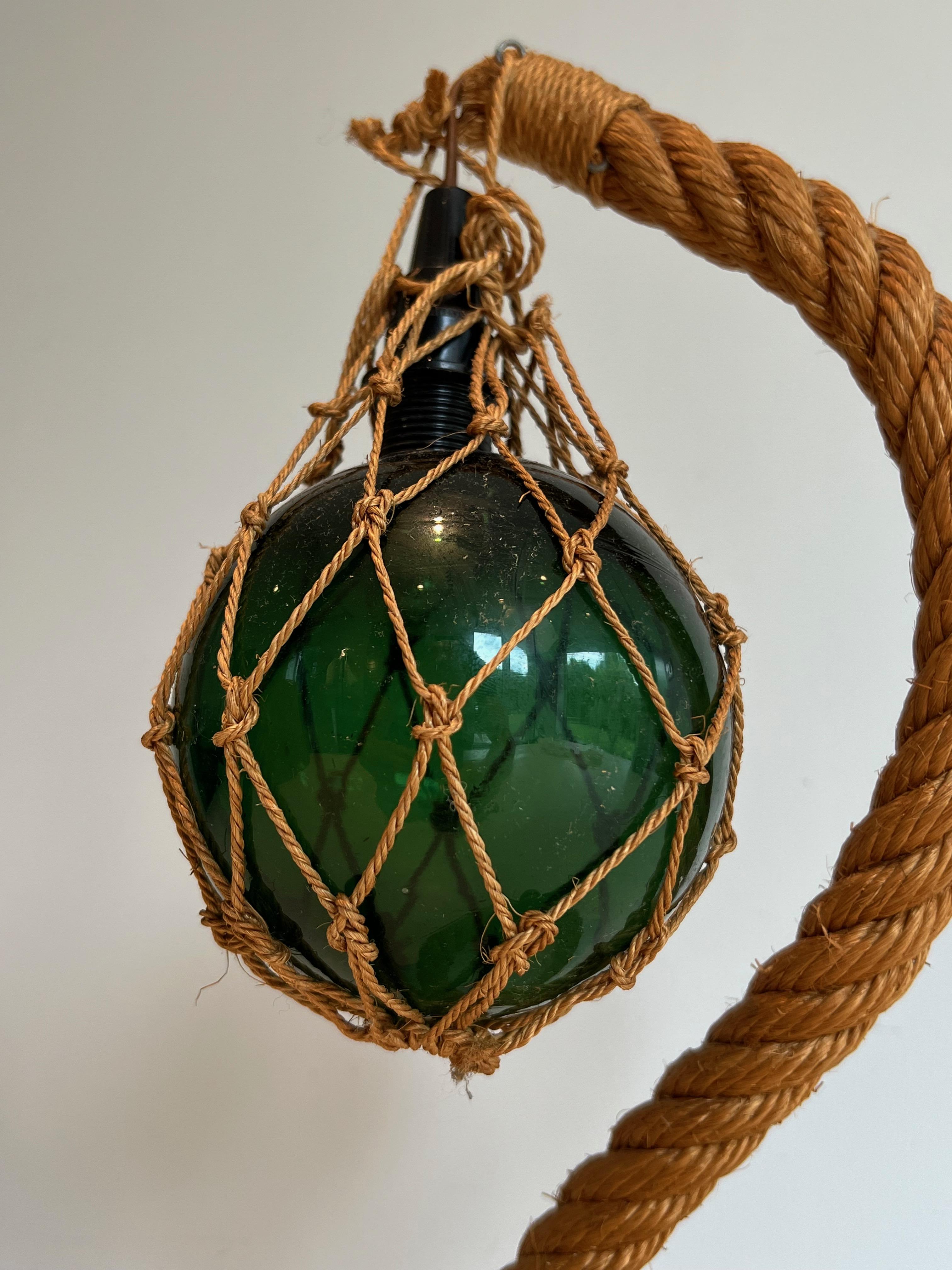 French Rope and green glass table lamp by Adrien Audoux & Frida Minet (Audoux Minet) For Sale