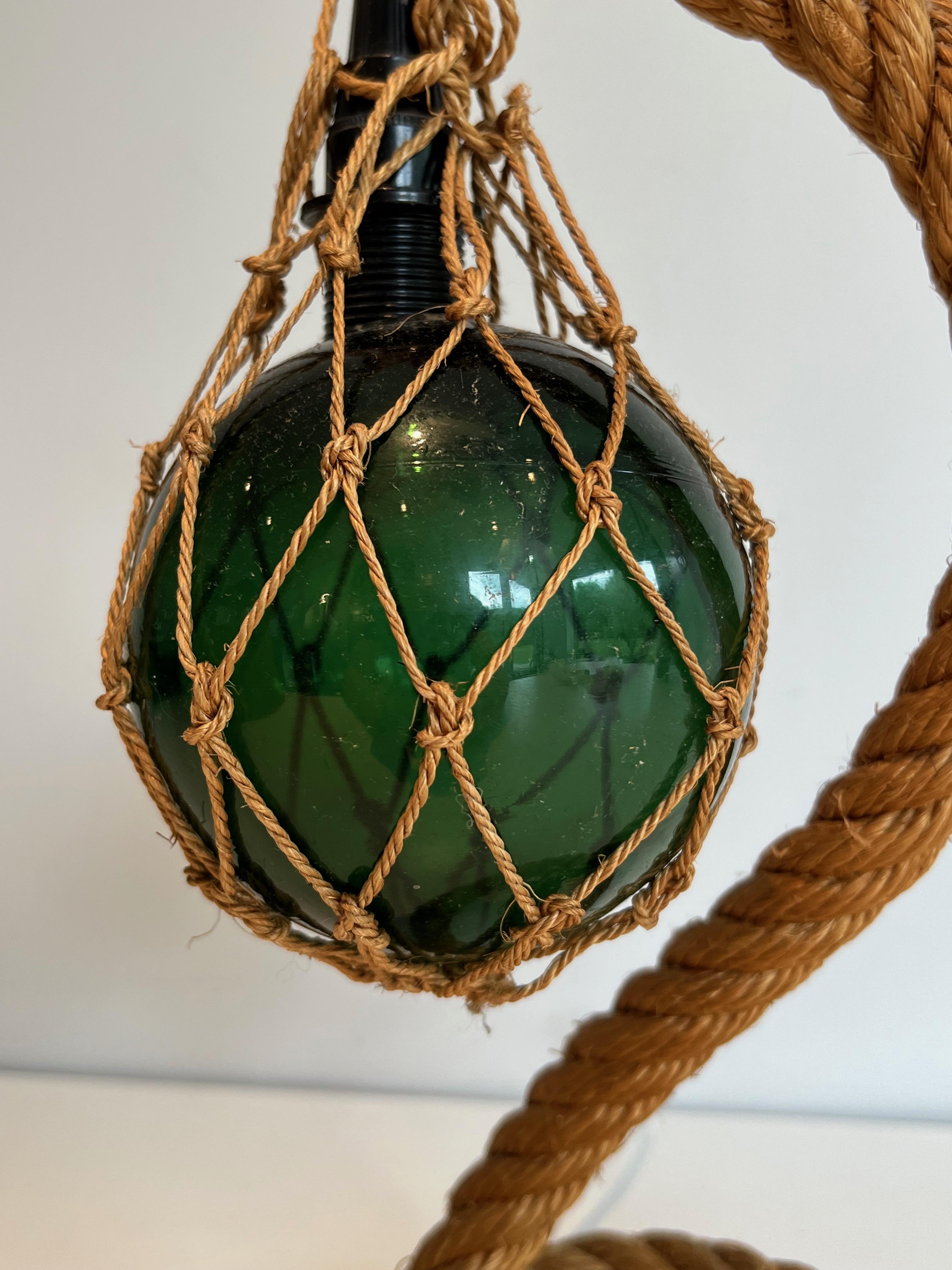 Rope and green glass table lamp by Adrien Audoux & Frida Minet (Audoux Minet) In Good Condition For Sale In Marcq-en-Barœul, Hauts-de-France
