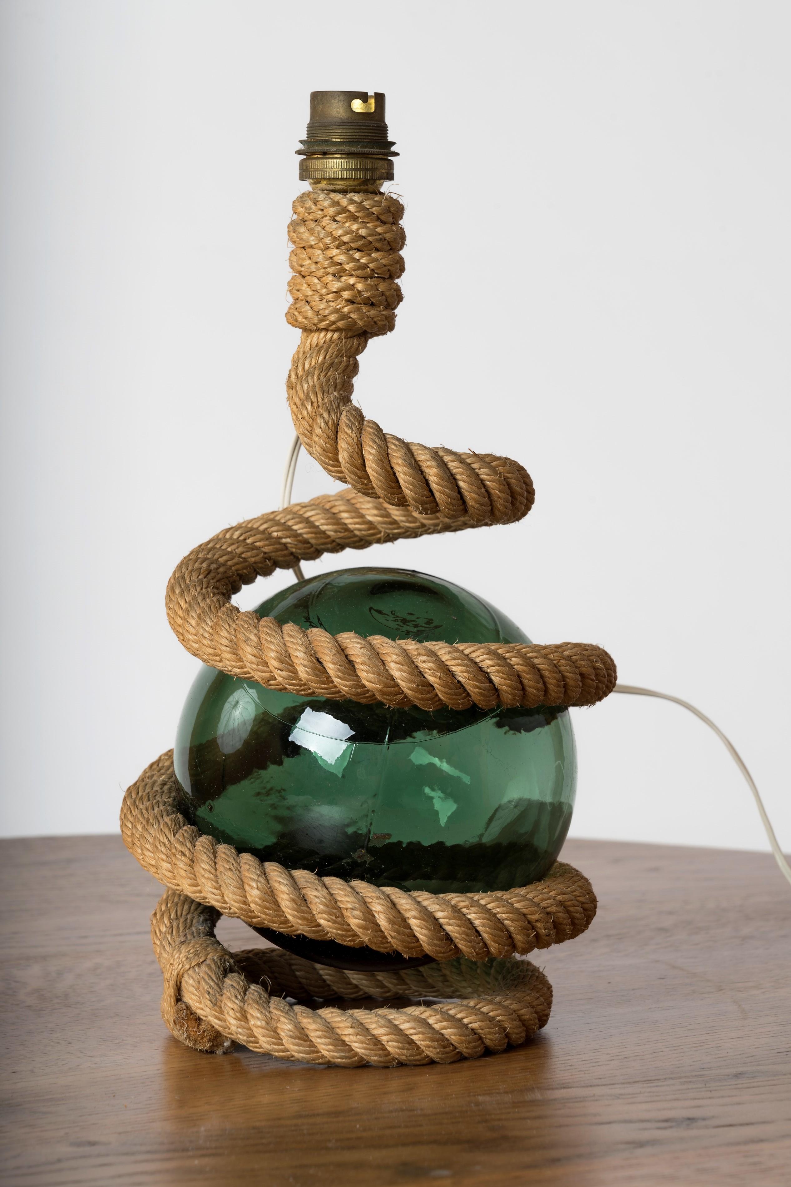 French Rope and Marine Green Glass Ball Table Lamp Att. Audoux Minnet, France 1960s For Sale