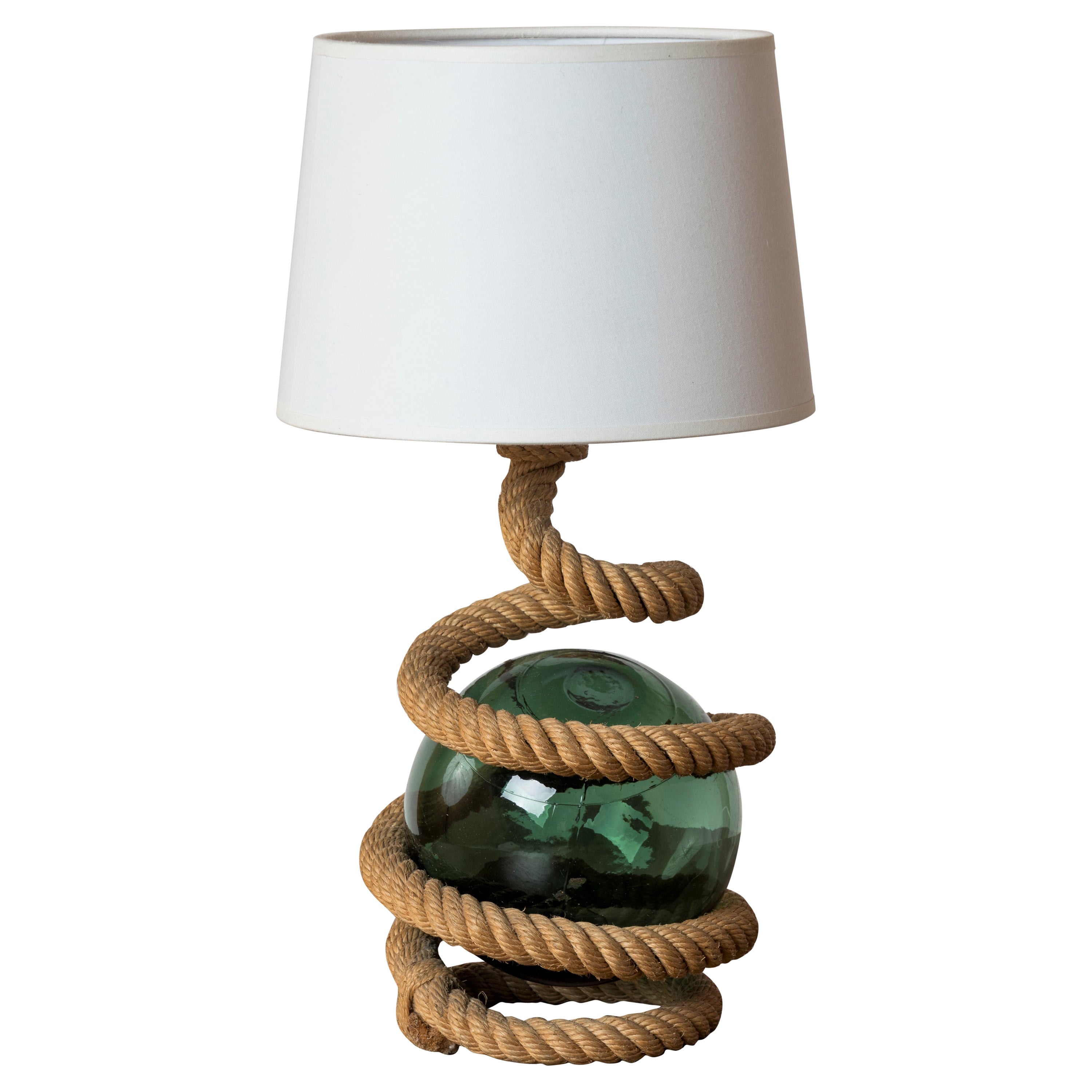 Lampe de table en corde et boule de verre vert marine Att. Audoux Minnet, France, années 1960 en vente