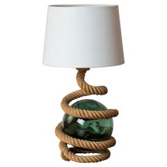 Rope and Marine Green Glas Ball Tischlampe Att. Audoux Minnet, Frankreich 1960er Jahre