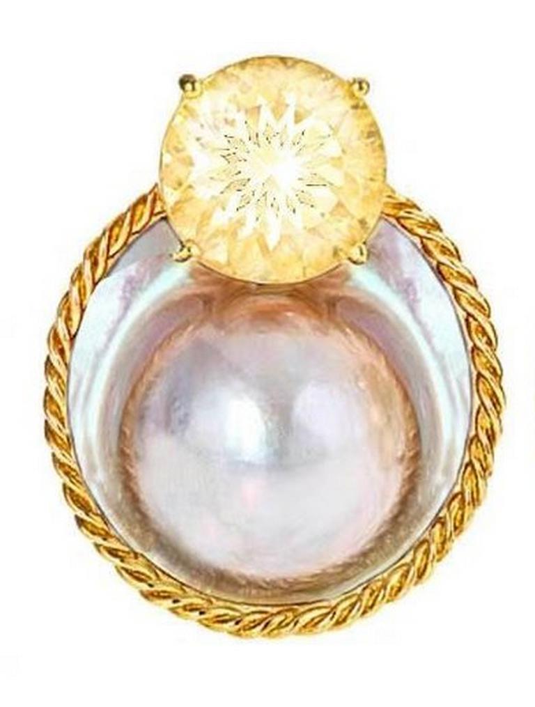 Contemporary ROPE and PEARL Citrine 18 Karat Gold Earrings by John Landrum Bryant For Sale