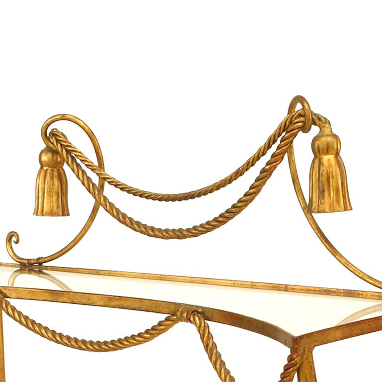 Hollywood Regency Tavolo consolle con corda e nappe in vetro e doratura in vendita