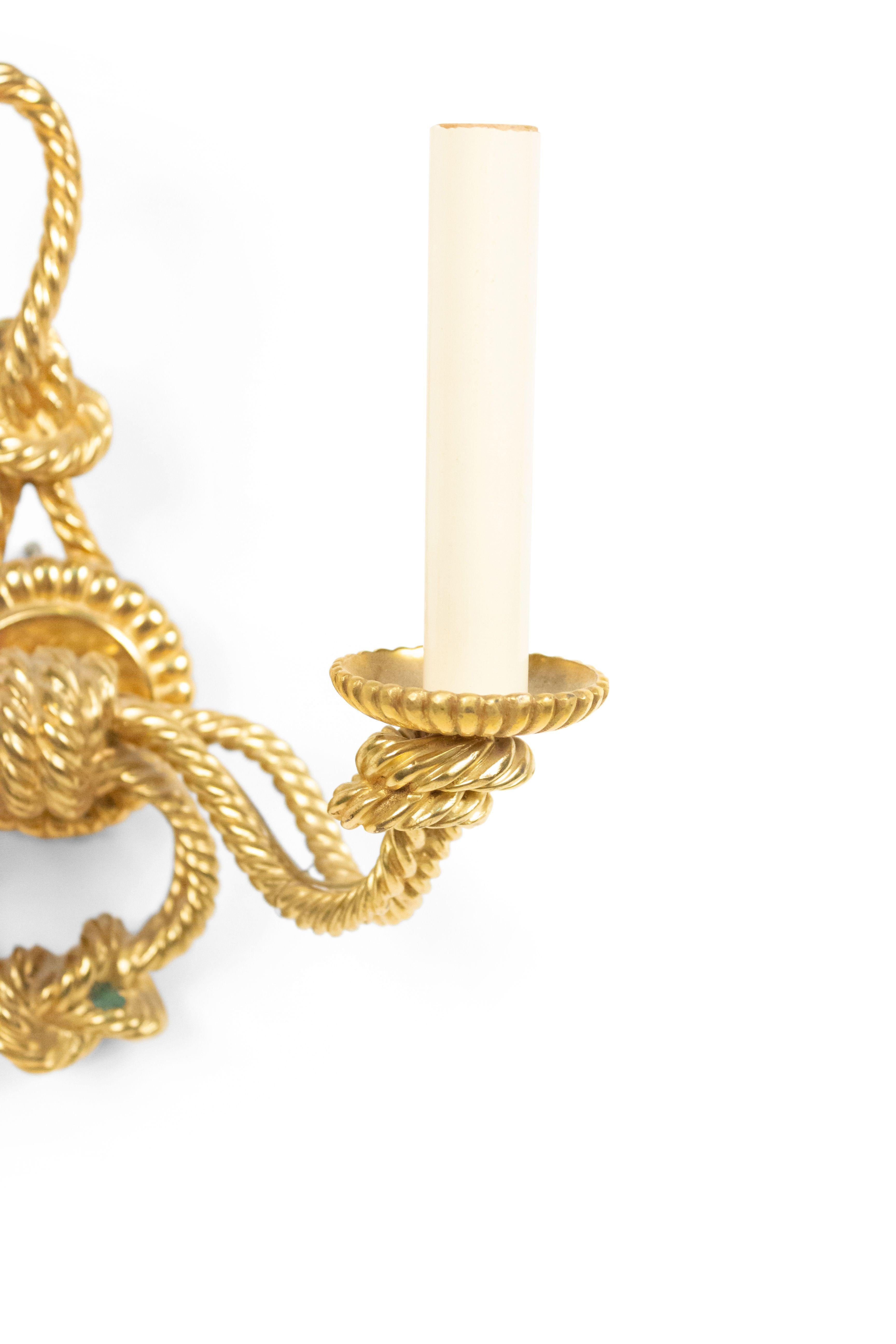Rope and tassel design gilt bronze 2 arm wall sconce, 20th century. One available.