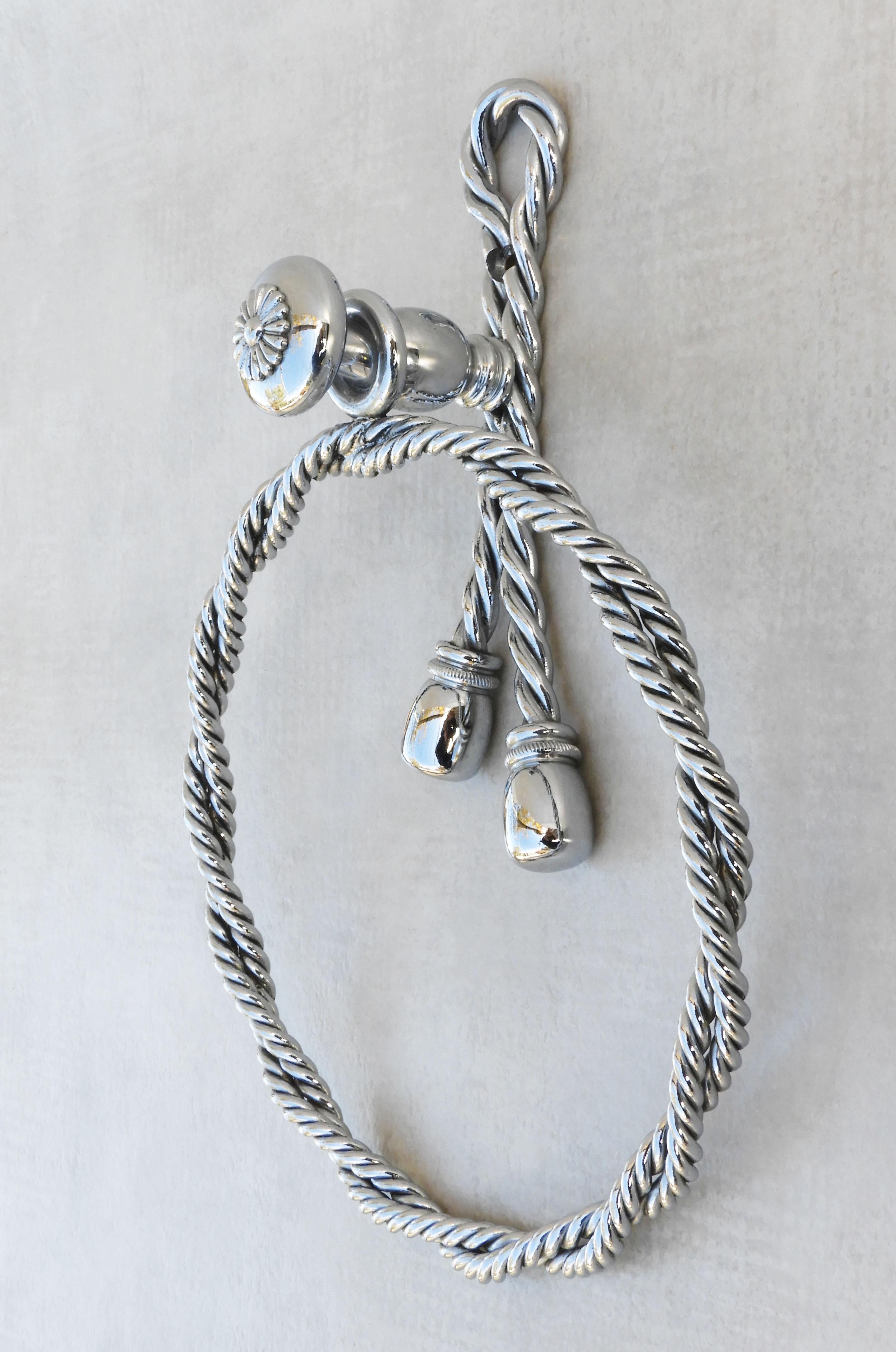 Beautiful ‘Rope and Tassel’ towels Ring from Maison Bagues, France c1970. Stylish French 'anneau de serviette' in an unusual twisted chrome rope-like form, finished with a jaunty double tassel. A sophisticated modern take on a timeless classic