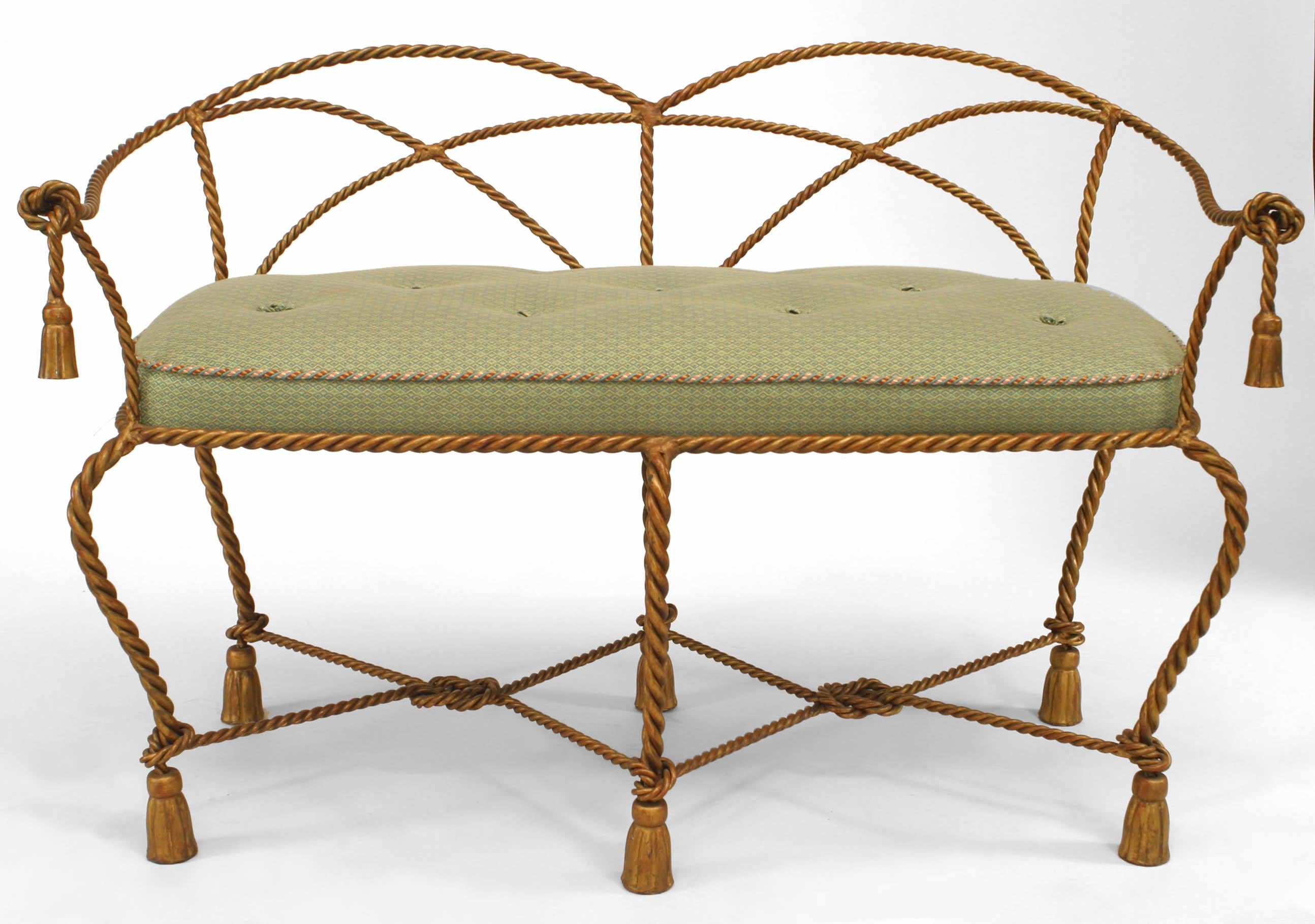 Gilt metal rope and tassel design loveseat with open design back and upholstered seat (20th cent.)
