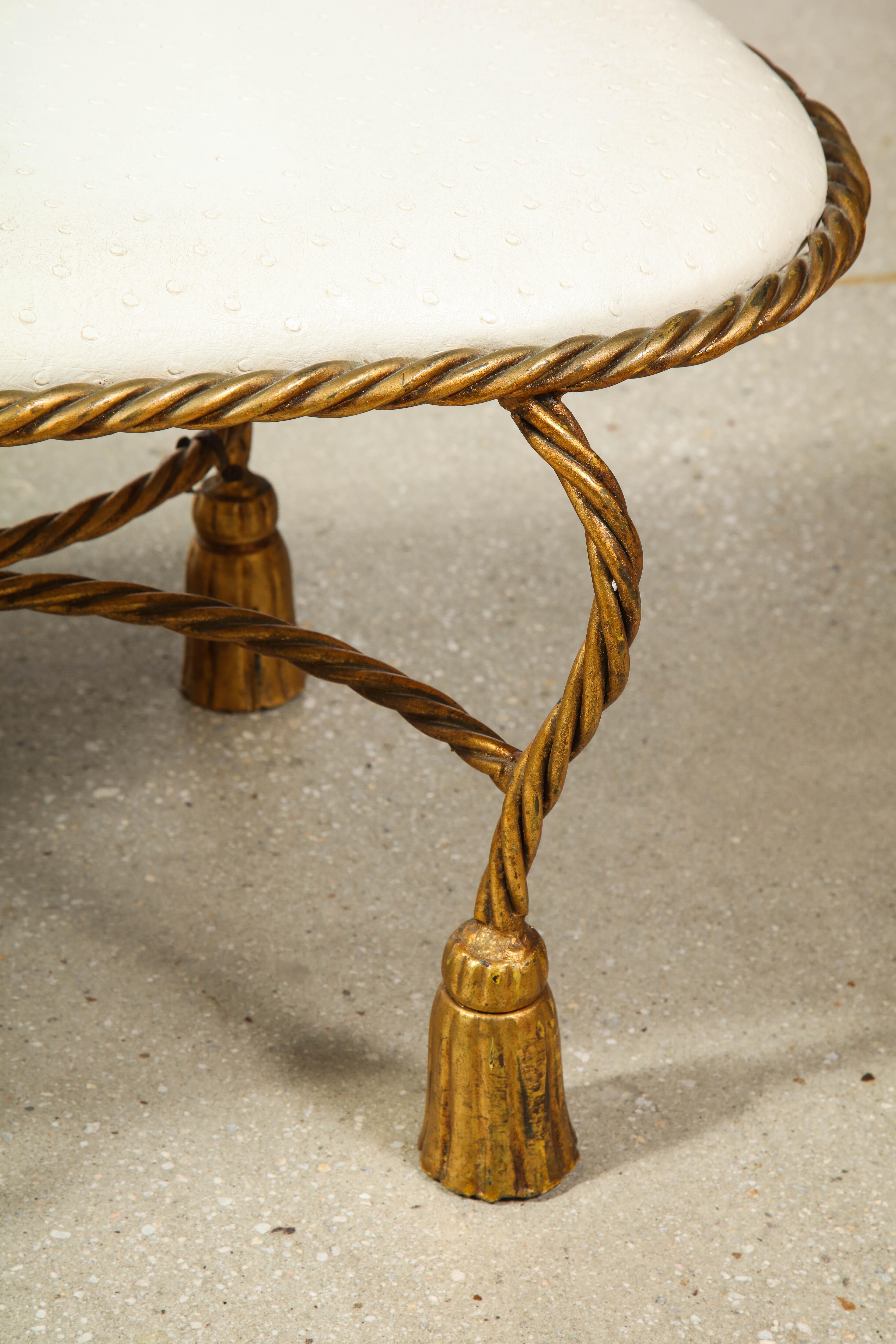 Mid-Century Modern Rope and Tassel Upholstered Gilt Metal Bench