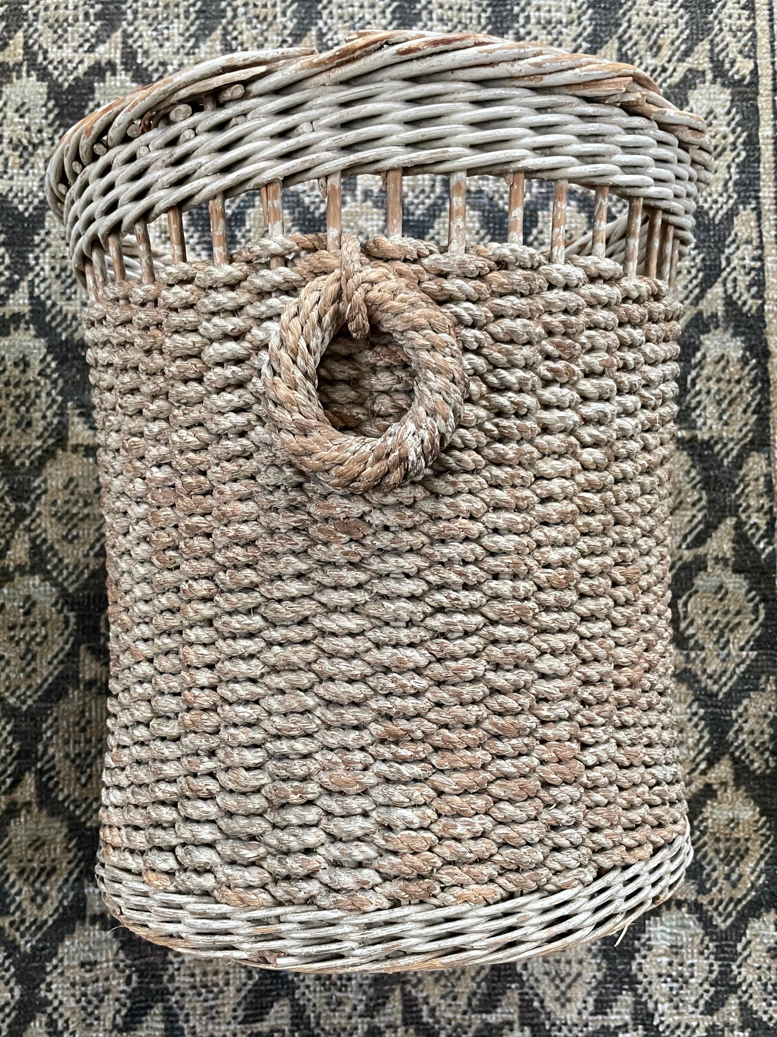 Mid-Century Modern Rope and Wicker Wastebasket For Sale